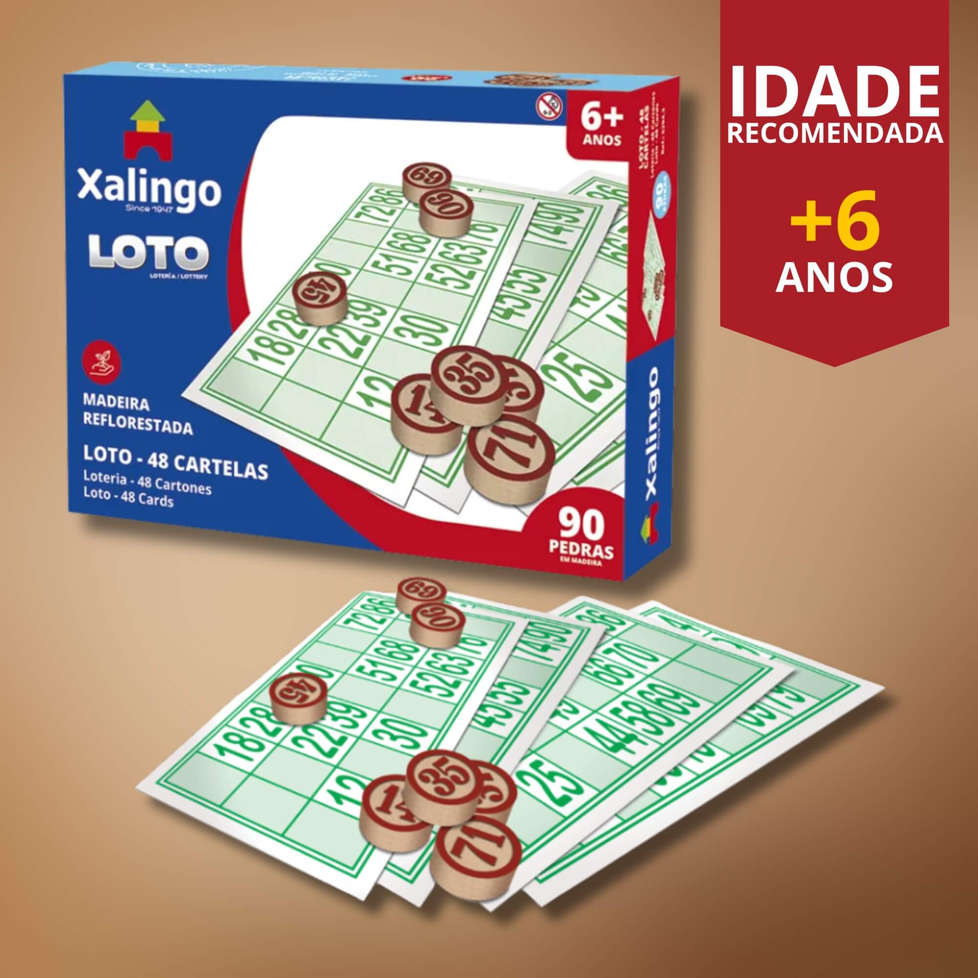 Jogo de Loto 48 Cartelas Cartões com Peças de Madeira Xalingo 5294.3