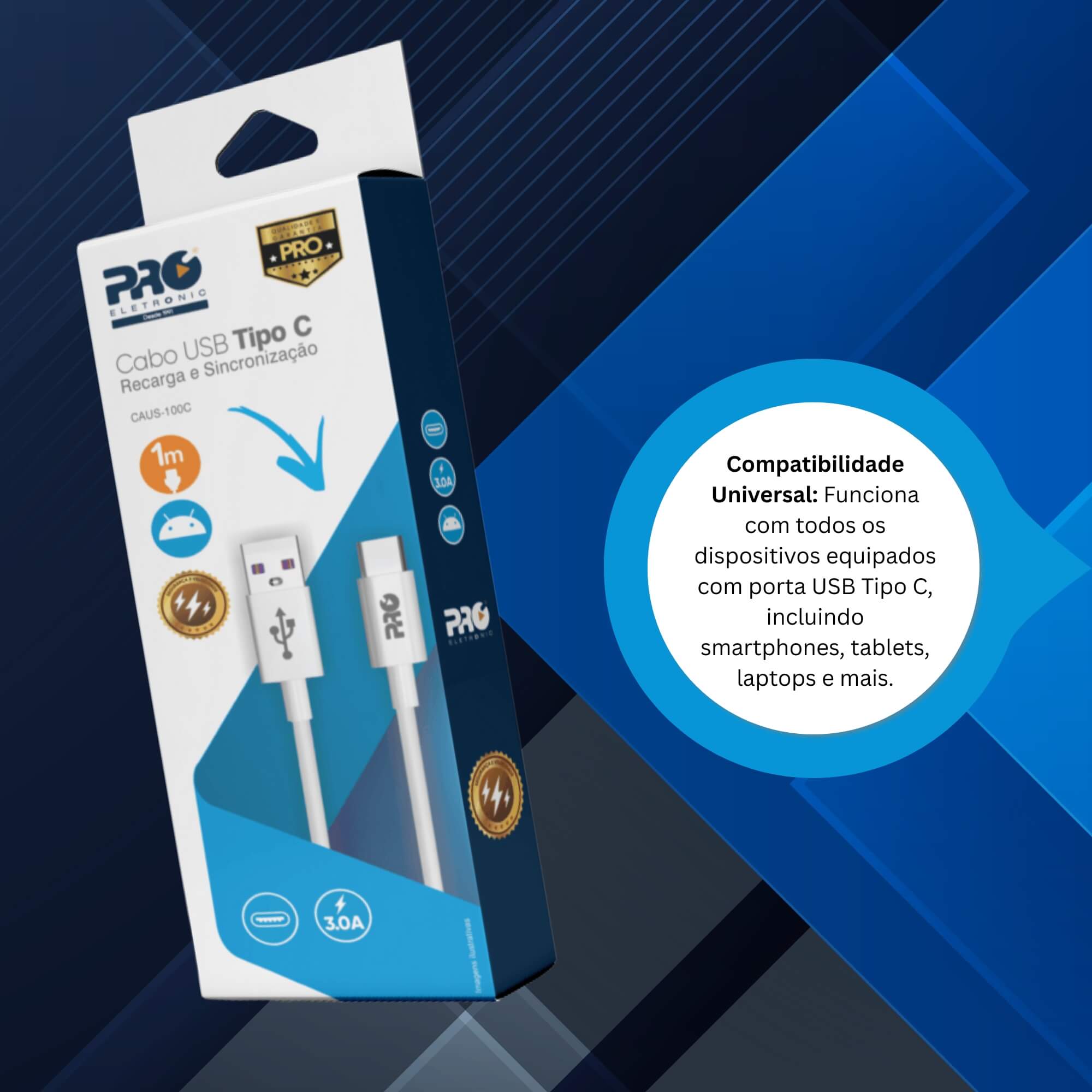 Cabo USB para USB tipo C 1 Metro Pro Eletronic - CAUSB-100C