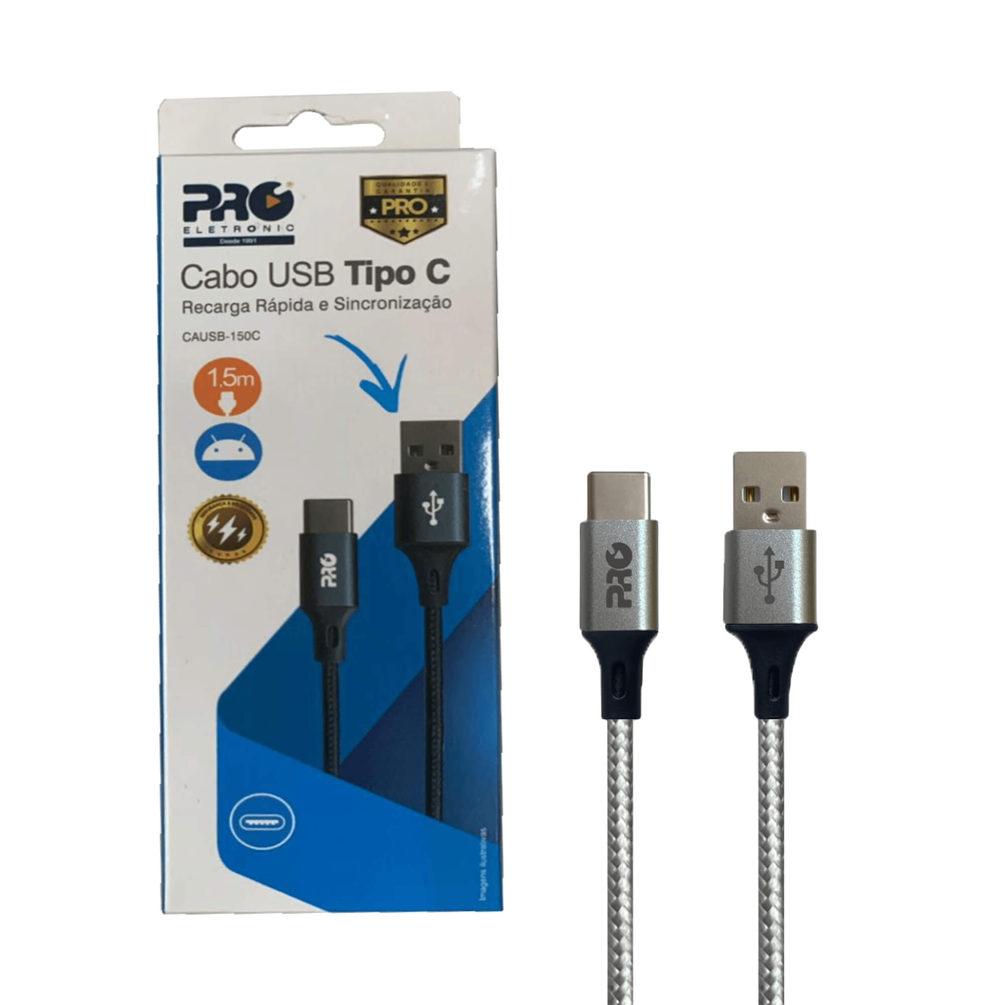 Cabo USB-A + USB-C 1.5 Metros Nylon Trançado Cinza Pro Eletronic - CAUSB-150C
