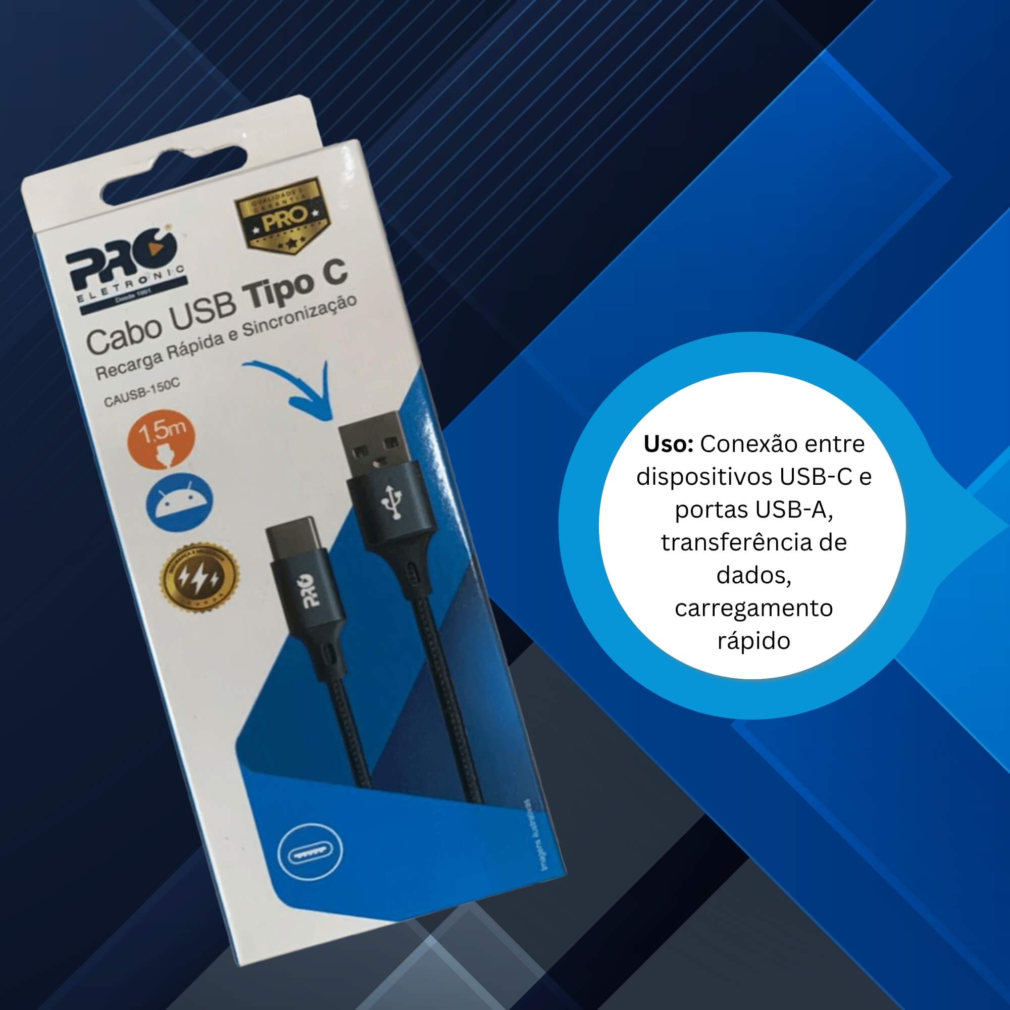 Cabo USB-A + USB-C 1.5 Metros Nylon Trançado Cinza Pro Eletronic - CAUSB-150C