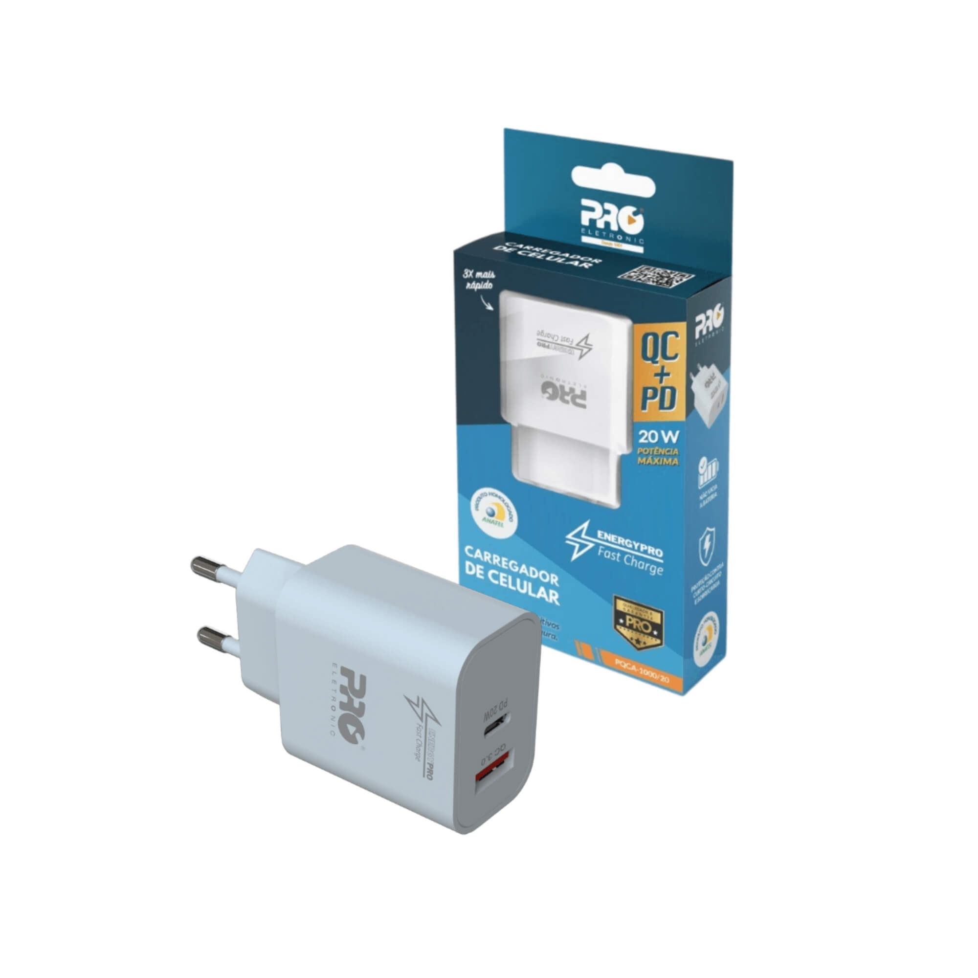 Carregador de Celular Universal Ultra Rápido QC+PD 20W Pro Eletronic - PQCA-1000/20
