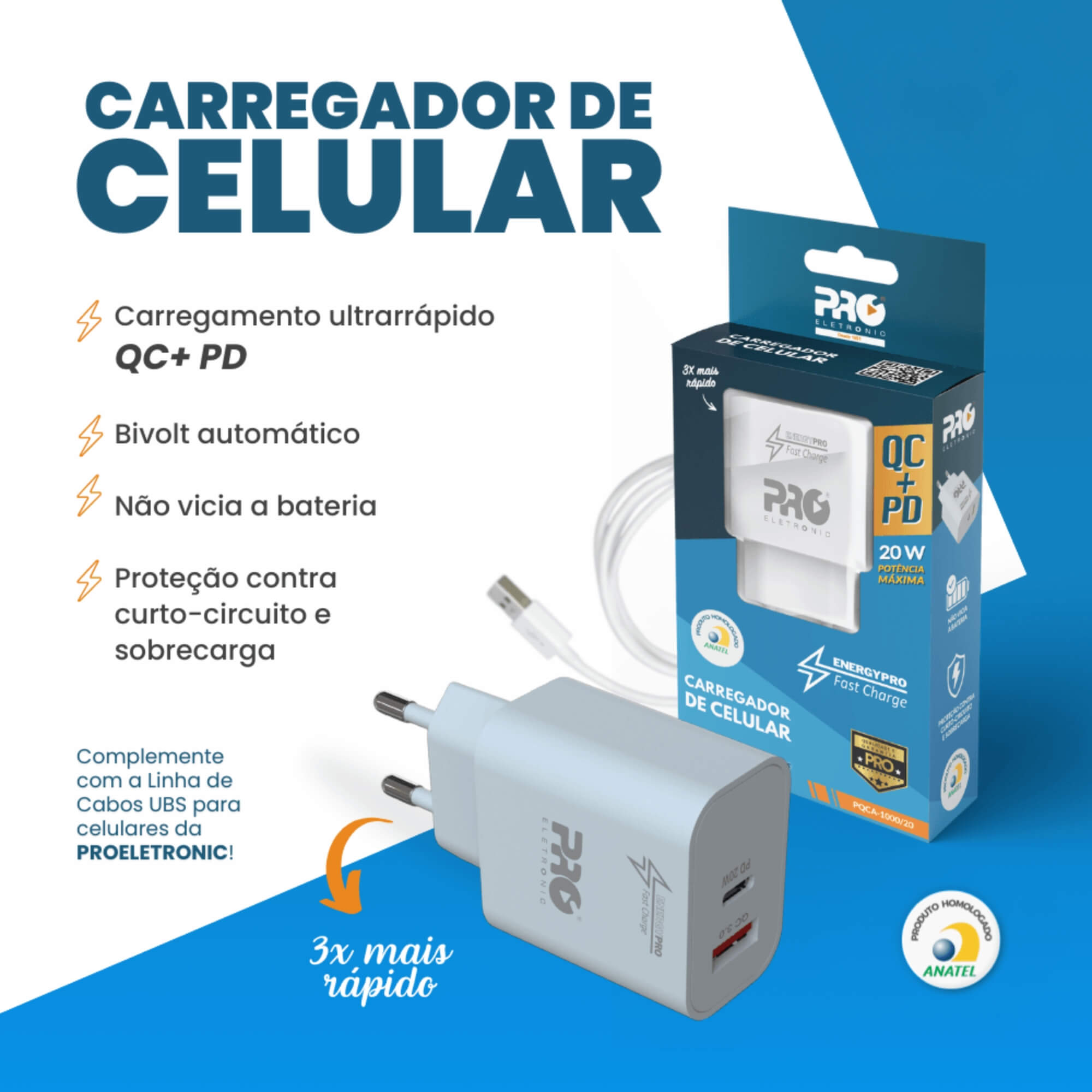 Carregador de Celular Universal Ultra Rápido QC+PD 20W Pro Eletronic - PQCA-1000/20