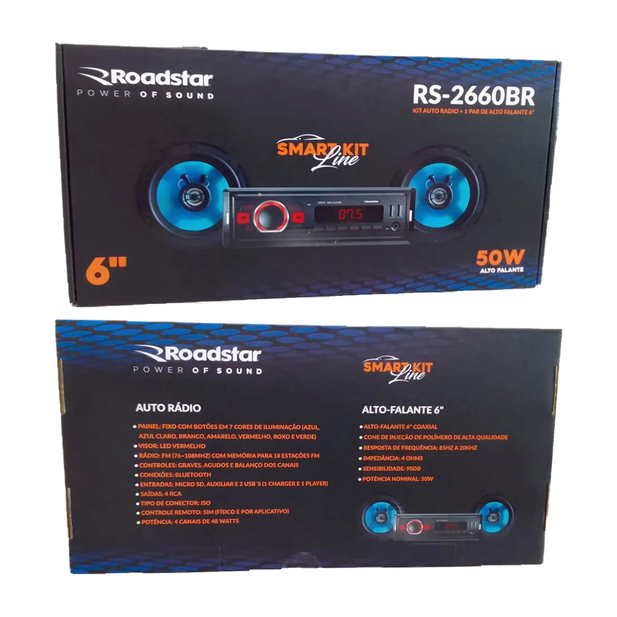 Kit Auto Rádio + 2 Alto Falantes 6" 50W Smart Kit Line Roadstar - RS2660BR MI
