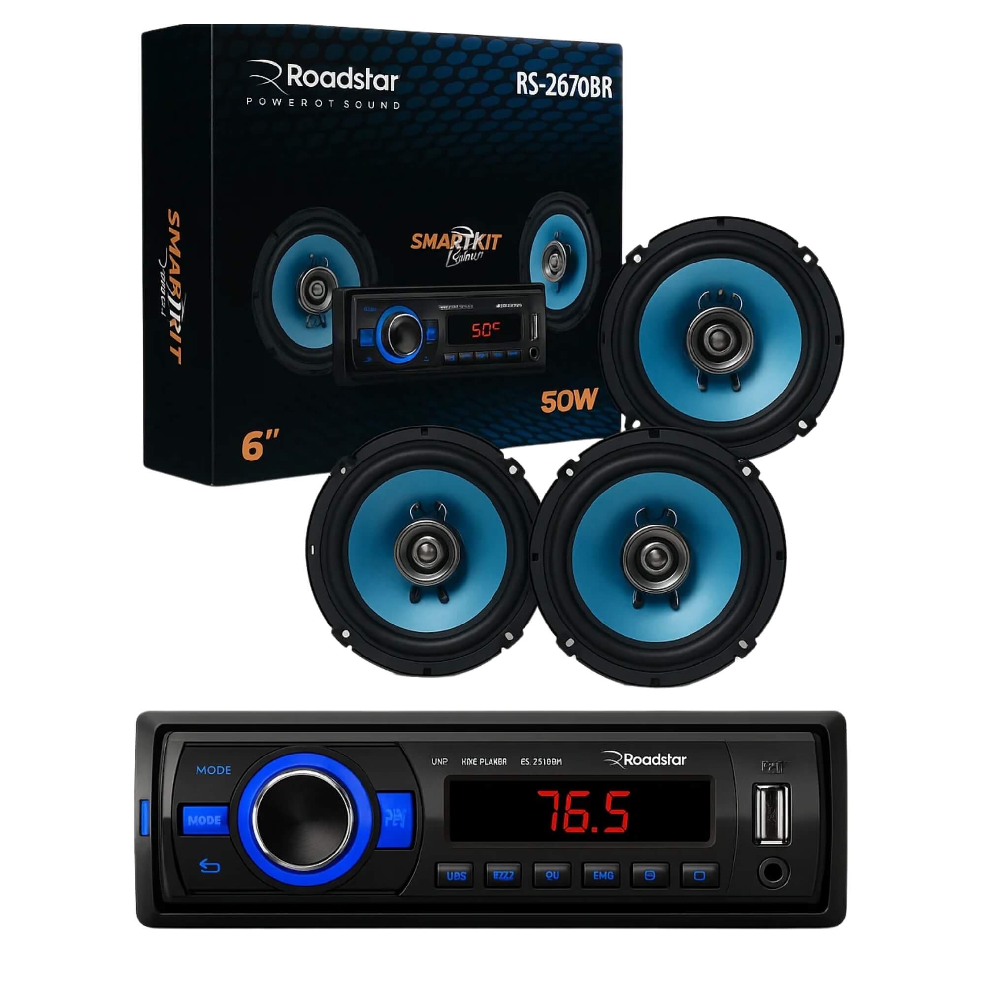 Kit Auto Rádio com 2 Pares de Alto Falante 6.5" 4 Ohms Roadstar - RS2670BR MI