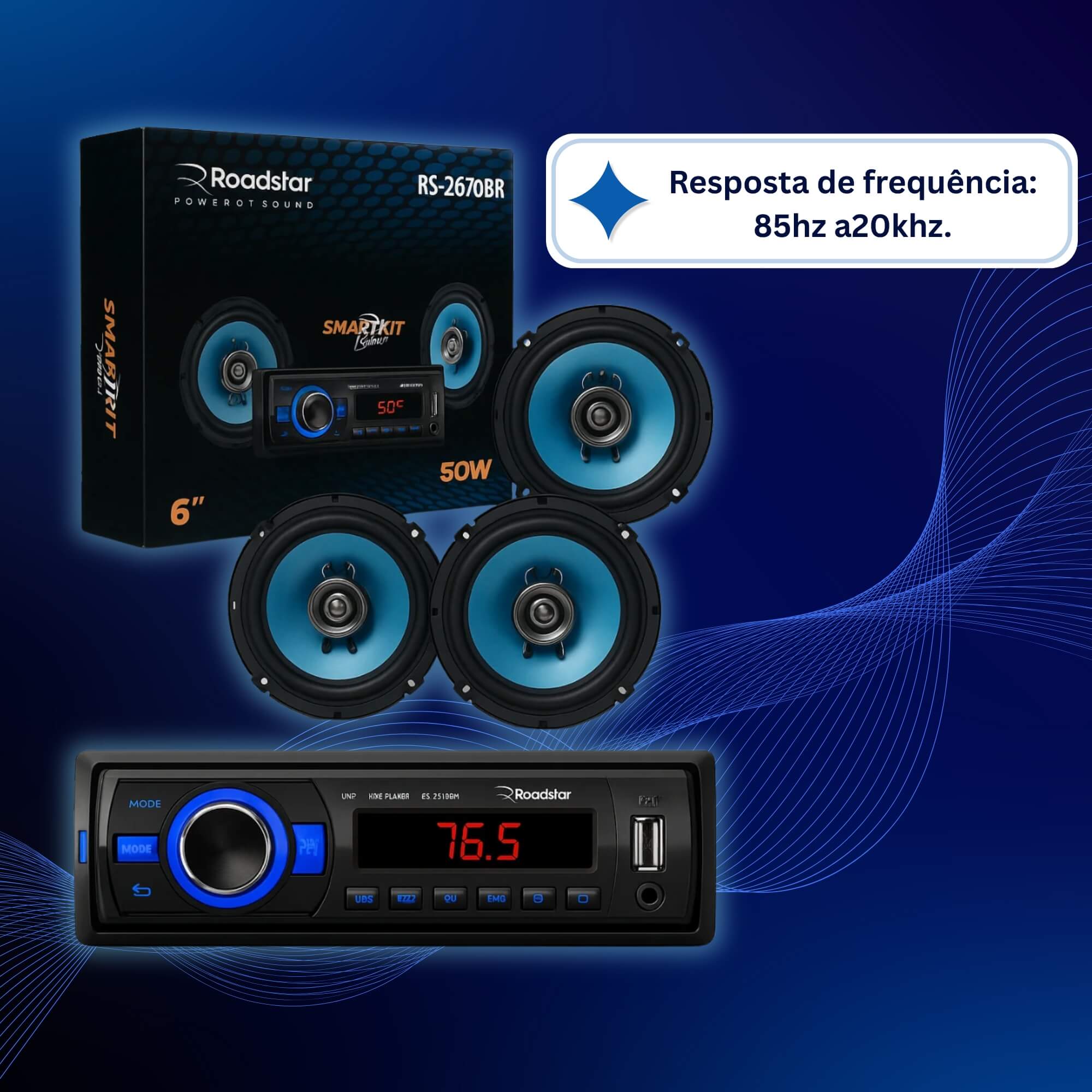 Kit Auto Rádio com 2 Pares de Alto Falante 6.5" 4 Ohms Roadstar - RS2670BR MI