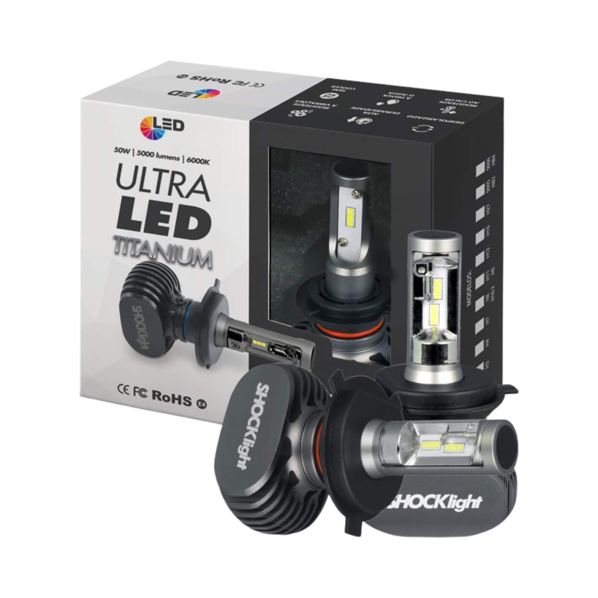 Par de Lâmpadas Ultraled Titanium H4 6000K 12V 50W 5000LM Shocklight - SLL-60004T