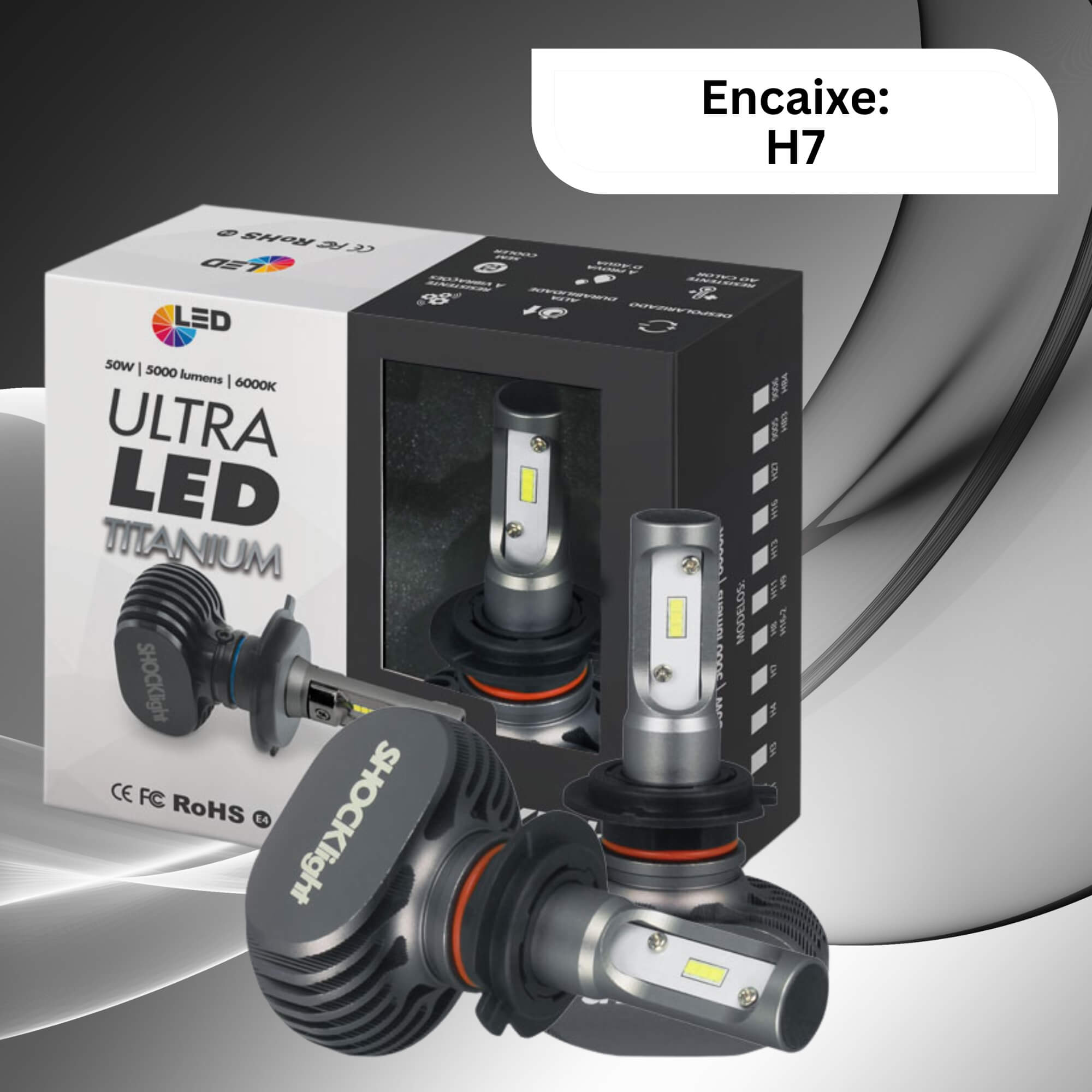 Par de Lâmpadas Ultraled Titanium H7 6000K 12V 50W 5000LM Shocklight - SLL-60007 T