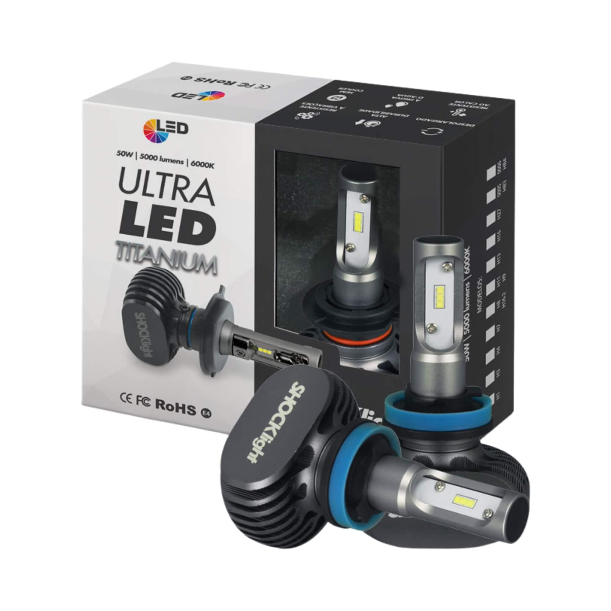 Par de Lâmpadas Ultraled Titanium H11 H9 6000K 12V 50W 5000LM Shocklight - SLL-60011 T