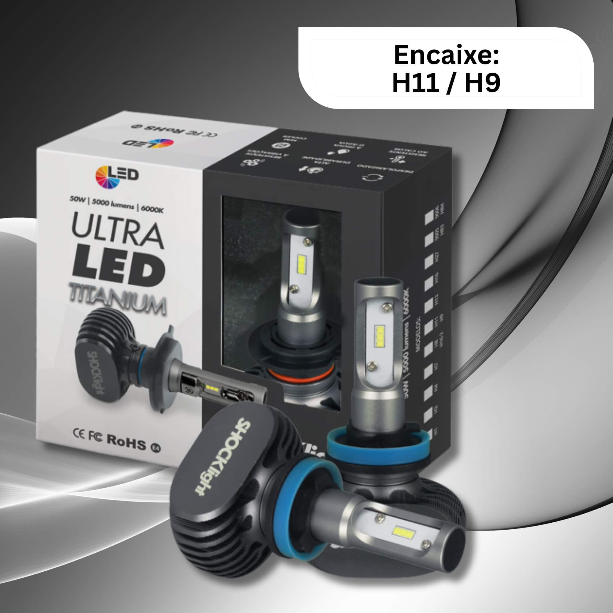 Par de Lâmpadas Ultraled Titanium H11 H9 6000K 12V 50W 5000LM Shocklight - SLL-60011 T