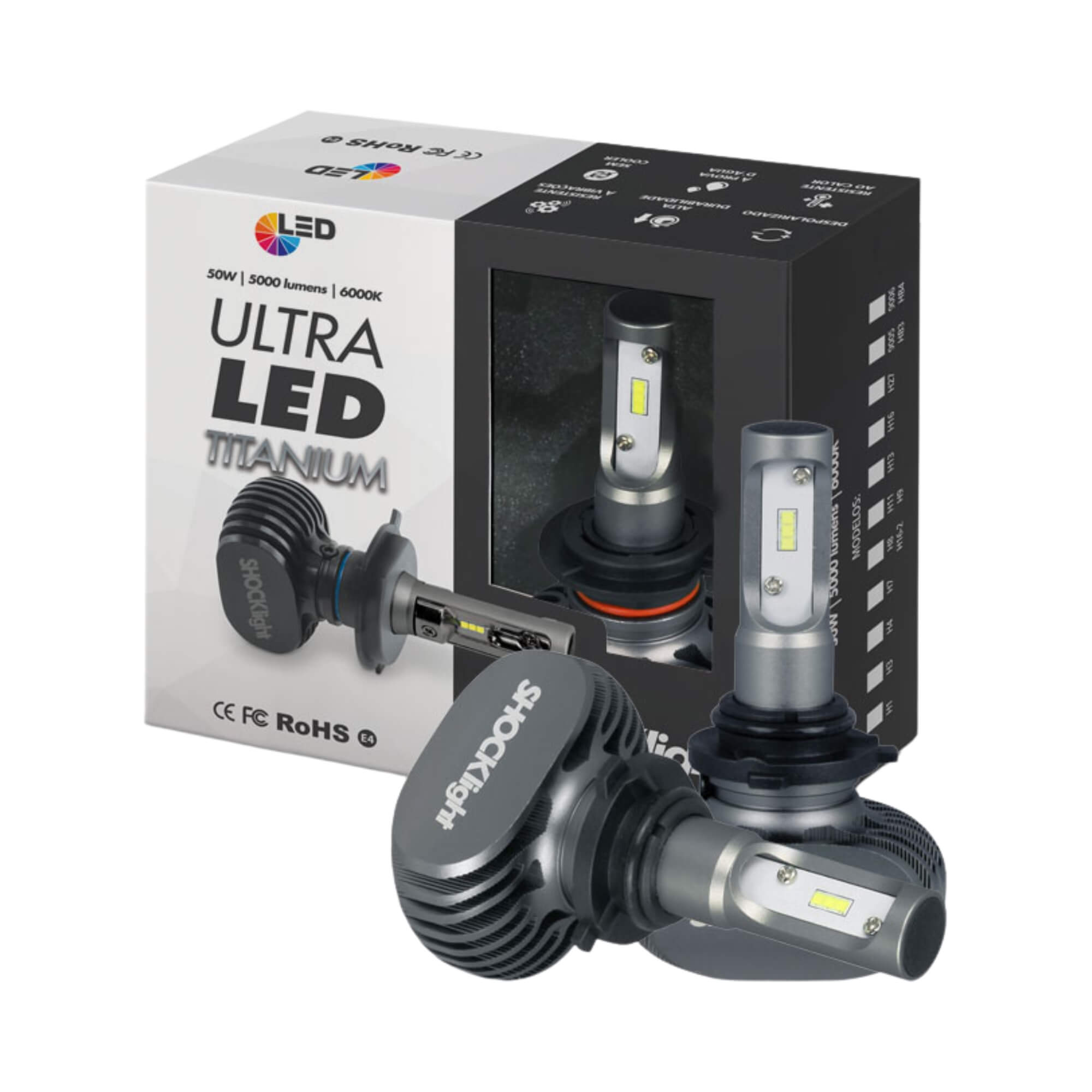 Par de Lâmpadas Ultraled Titanium 9006 HB4 6000K 12V 50W 5000LM Shocklight - SLL-69006T