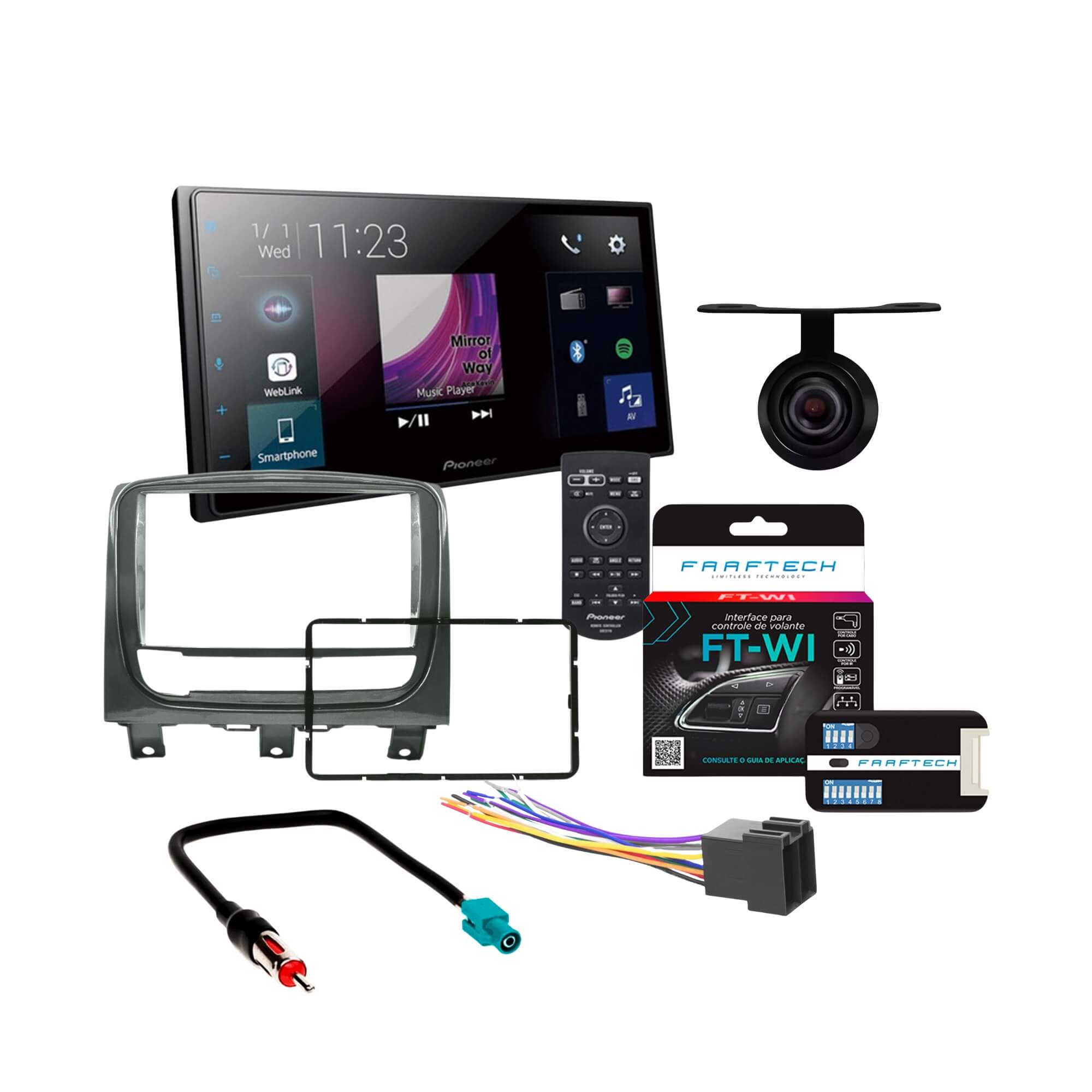 COMP Kit Multimídia DMH-Z5380TV + Moldura 2 Din Pálio Week. Adv/Strada 2013/20 + Câmera Ré + Chicote