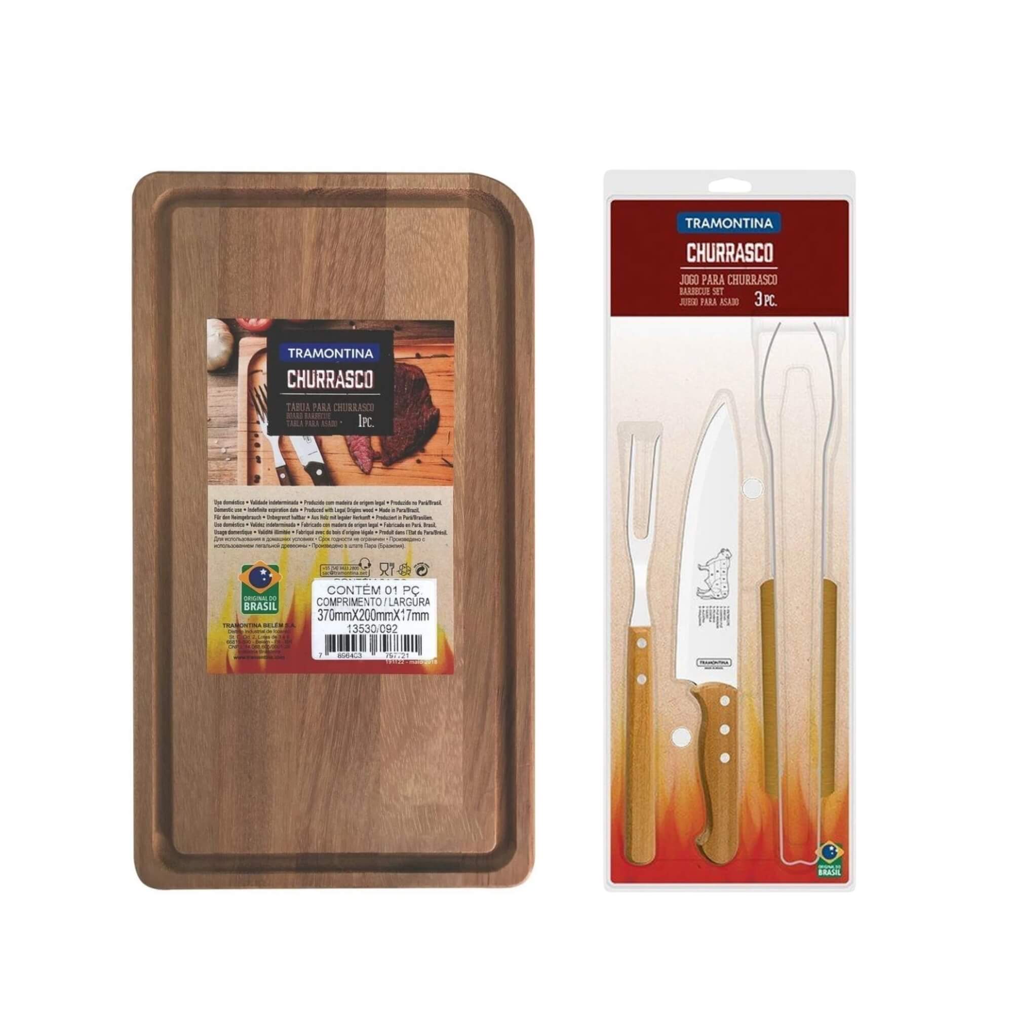 COMP Kit Jogo de Talheres p/ Churrasco Aço Inox + Tábua de Madeira Retangular Lixada Tramontina