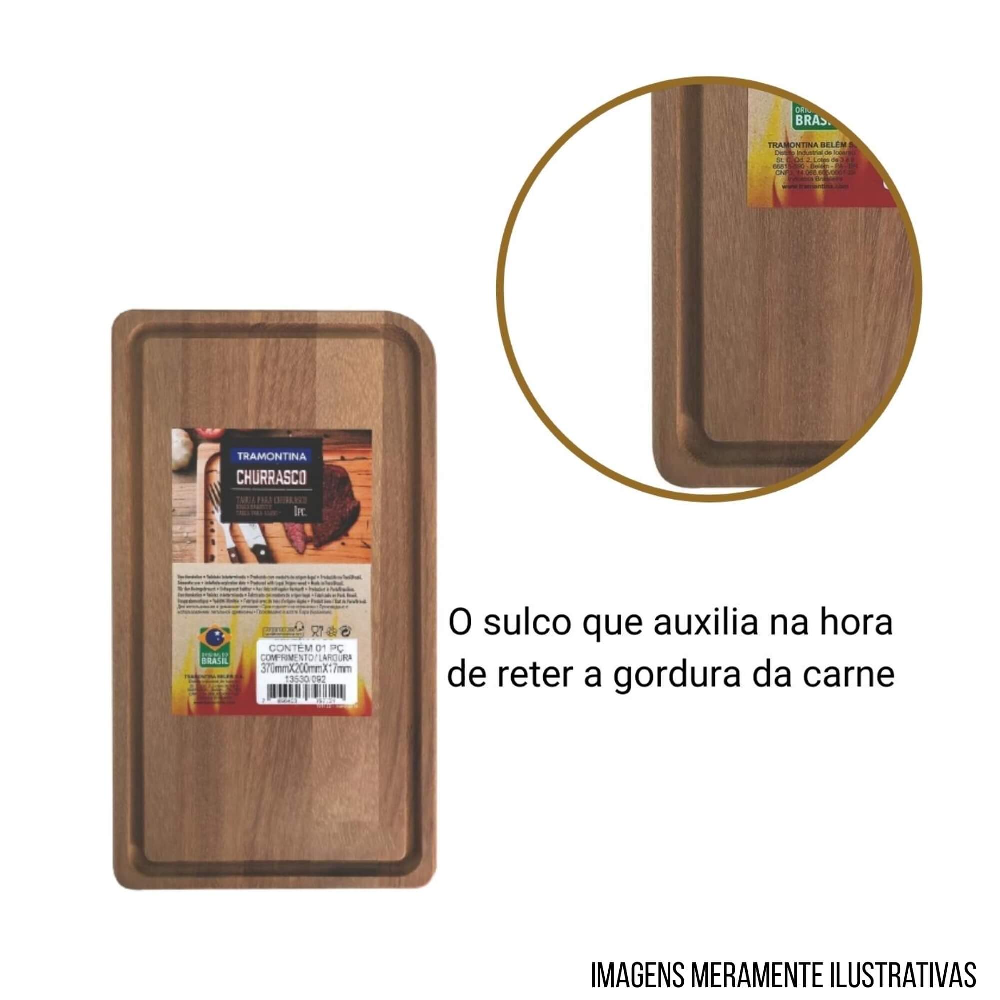COMP Kit Jogo de Talheres p/ Churrasco Aço Inox + Tábua de Madeira Retangular Lixada Tramontina