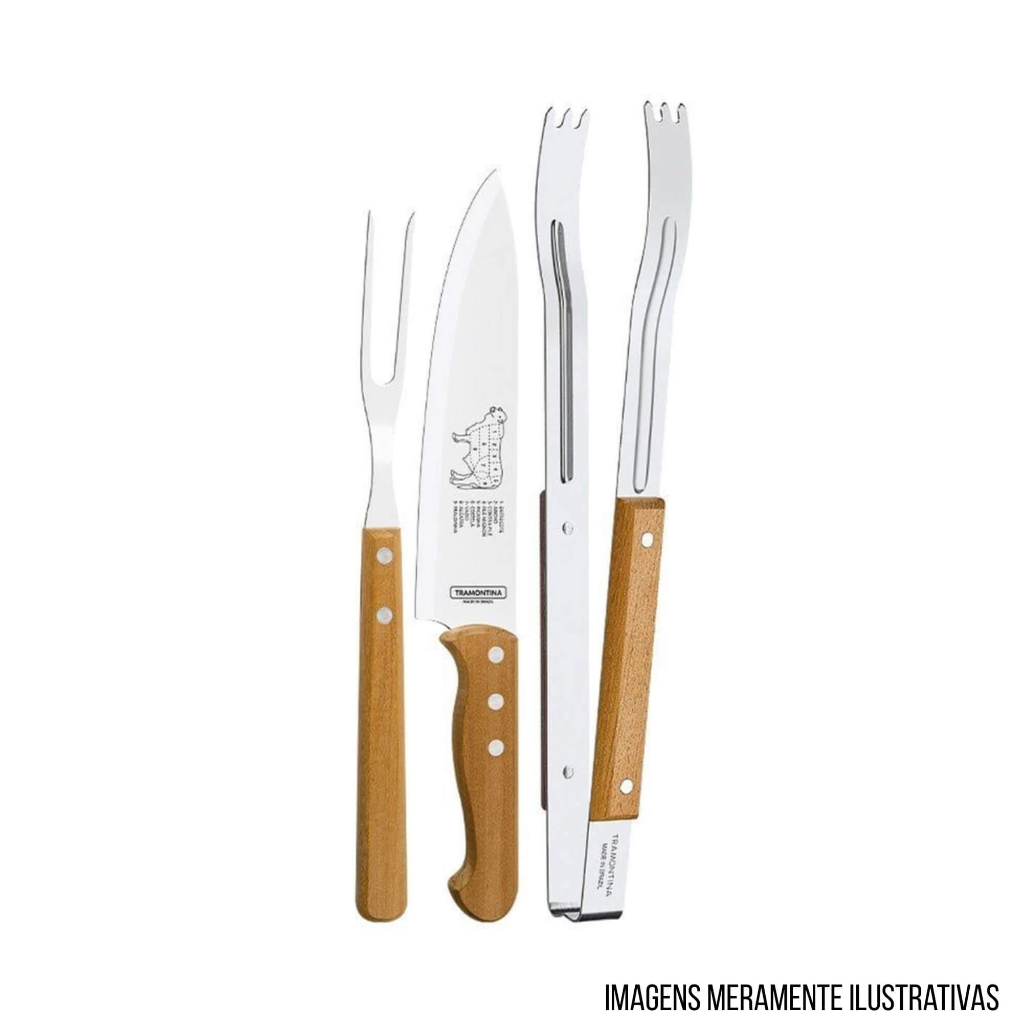 COMP Kit Jogo de Talheres p/ Churrasco Aço Inox + Tábua de Madeira Retangular Lixada Tramontina