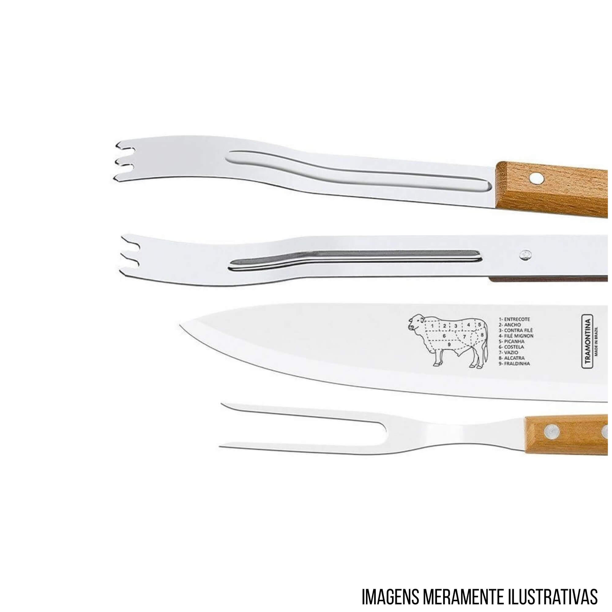 COMP Kit Jogo de Talheres p/ Churrasco Aço Inox + Tábua de Madeira Retangular Lixada Tramontina