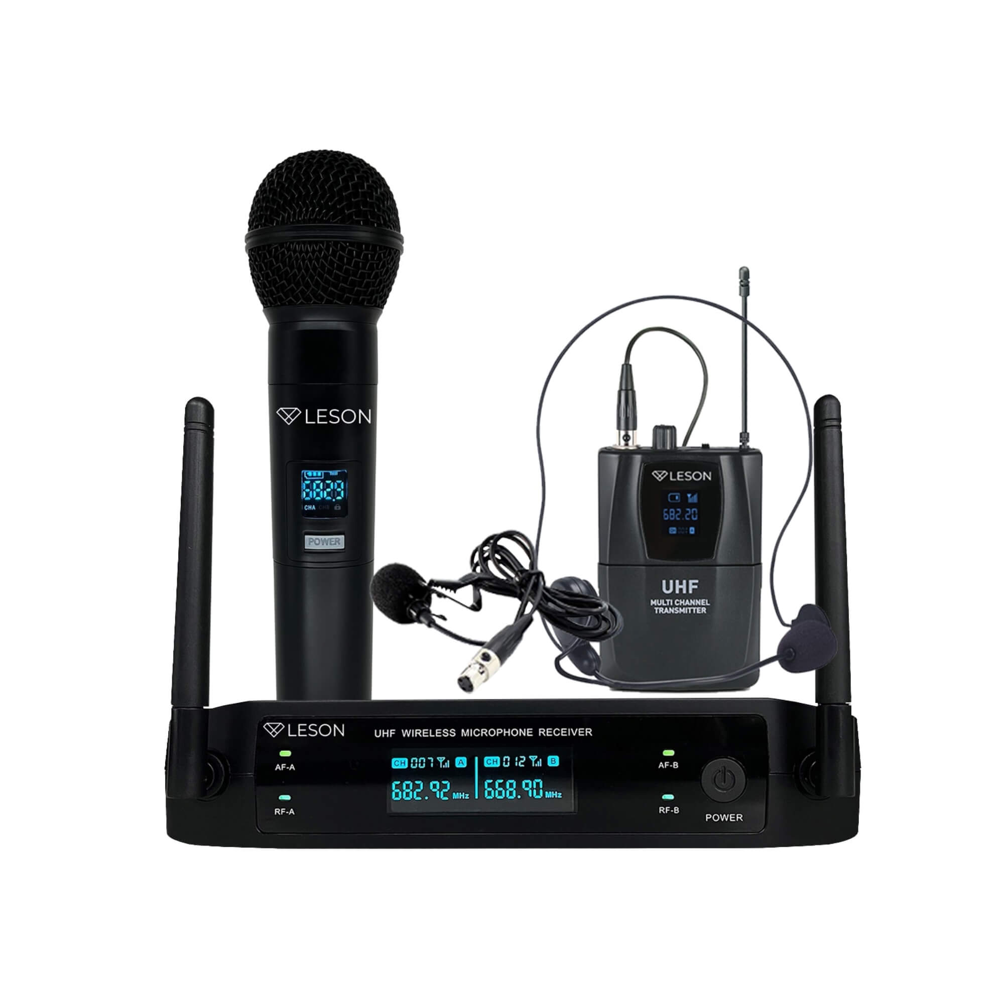 Microfone LS962 c/ Bastão + Headset e Lapela 48 Canais e 96 Frequências Leson - 2AMLS9624