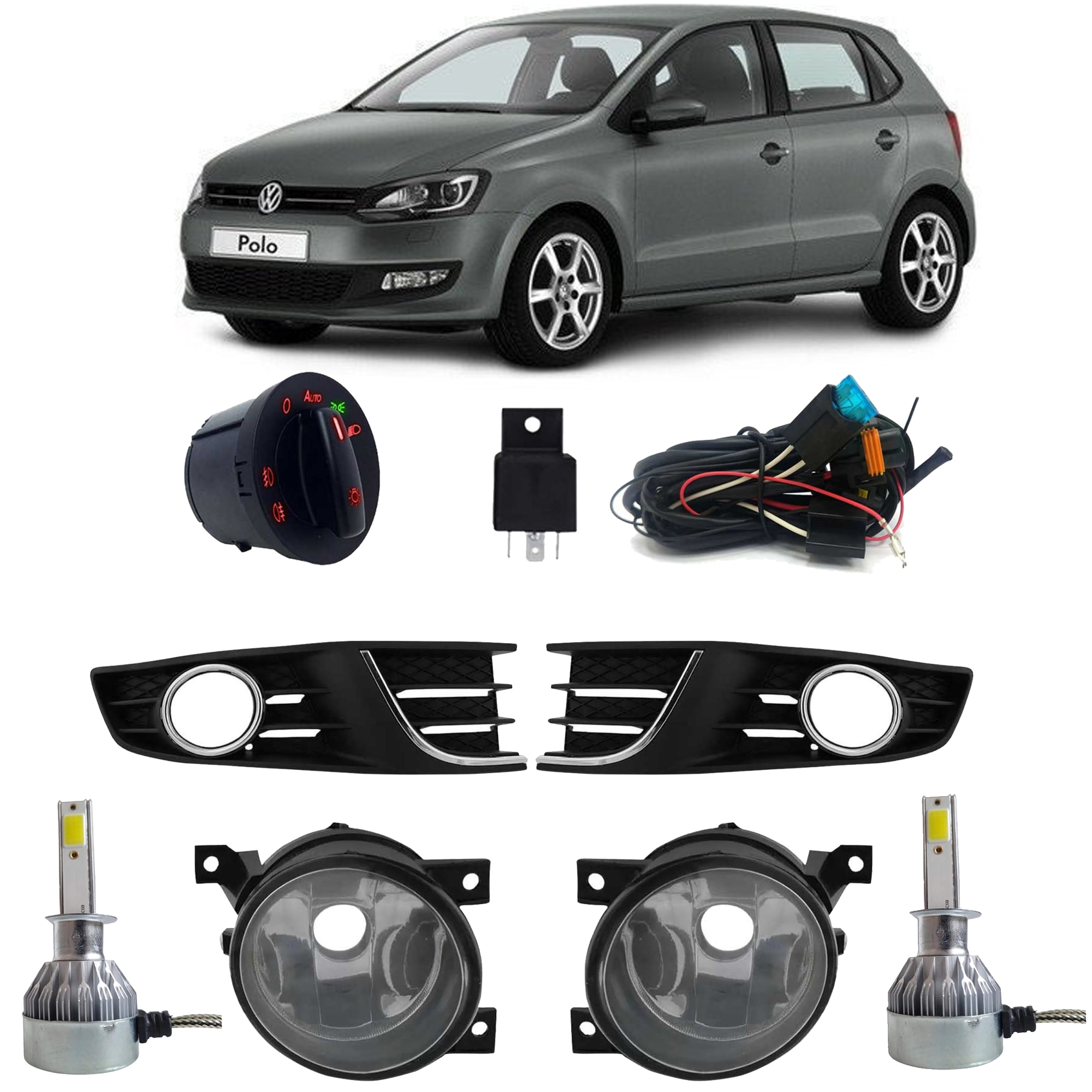 COMP Kit Farol de Milha para Polo 2012-2016 c/ Moldura Cromo Botão Modelo Original Suits + Kit LED HB4