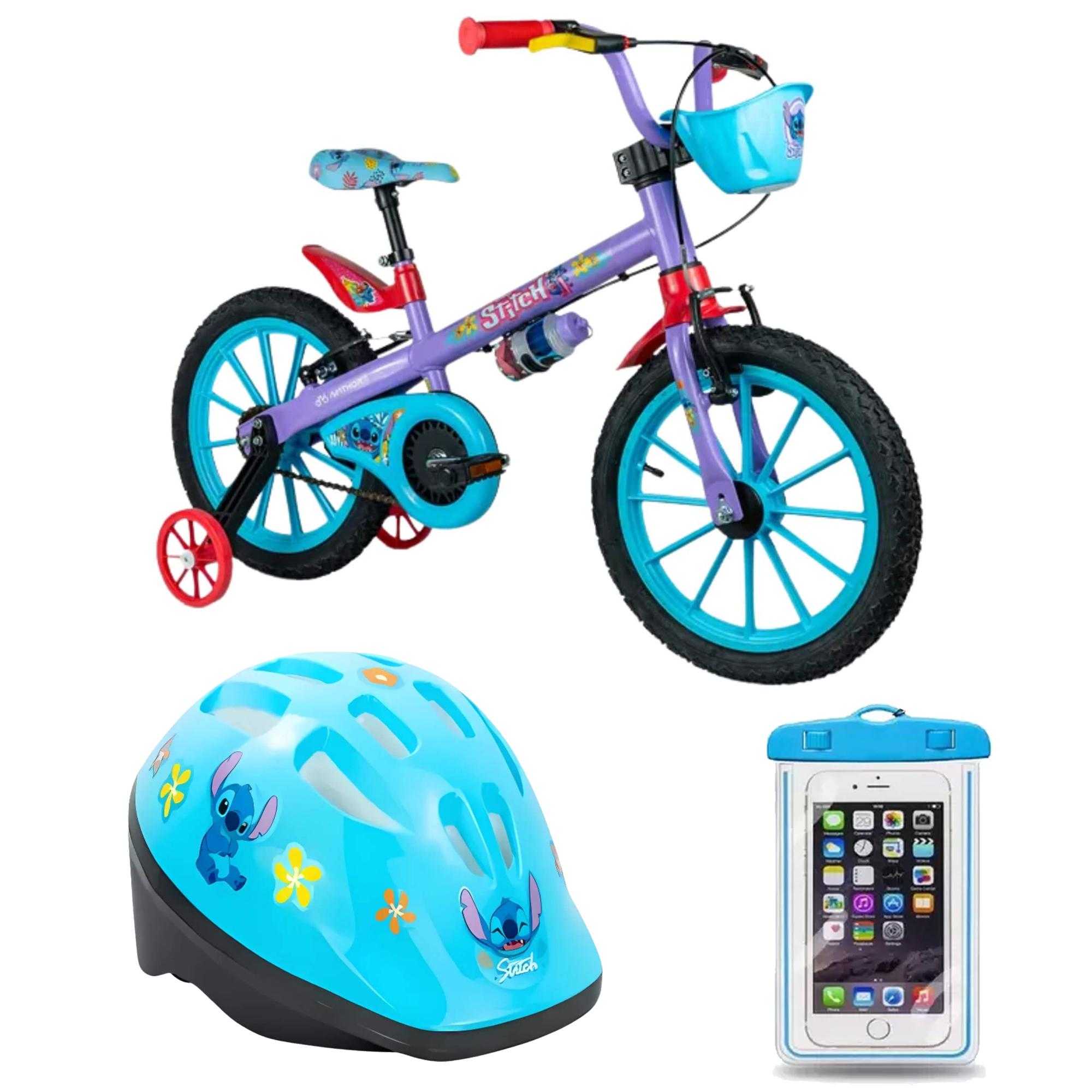 COMP Kit Bicicleta Infantil Aro 16" Stitch Disney + Capacete Stitch Nathor + Brinde