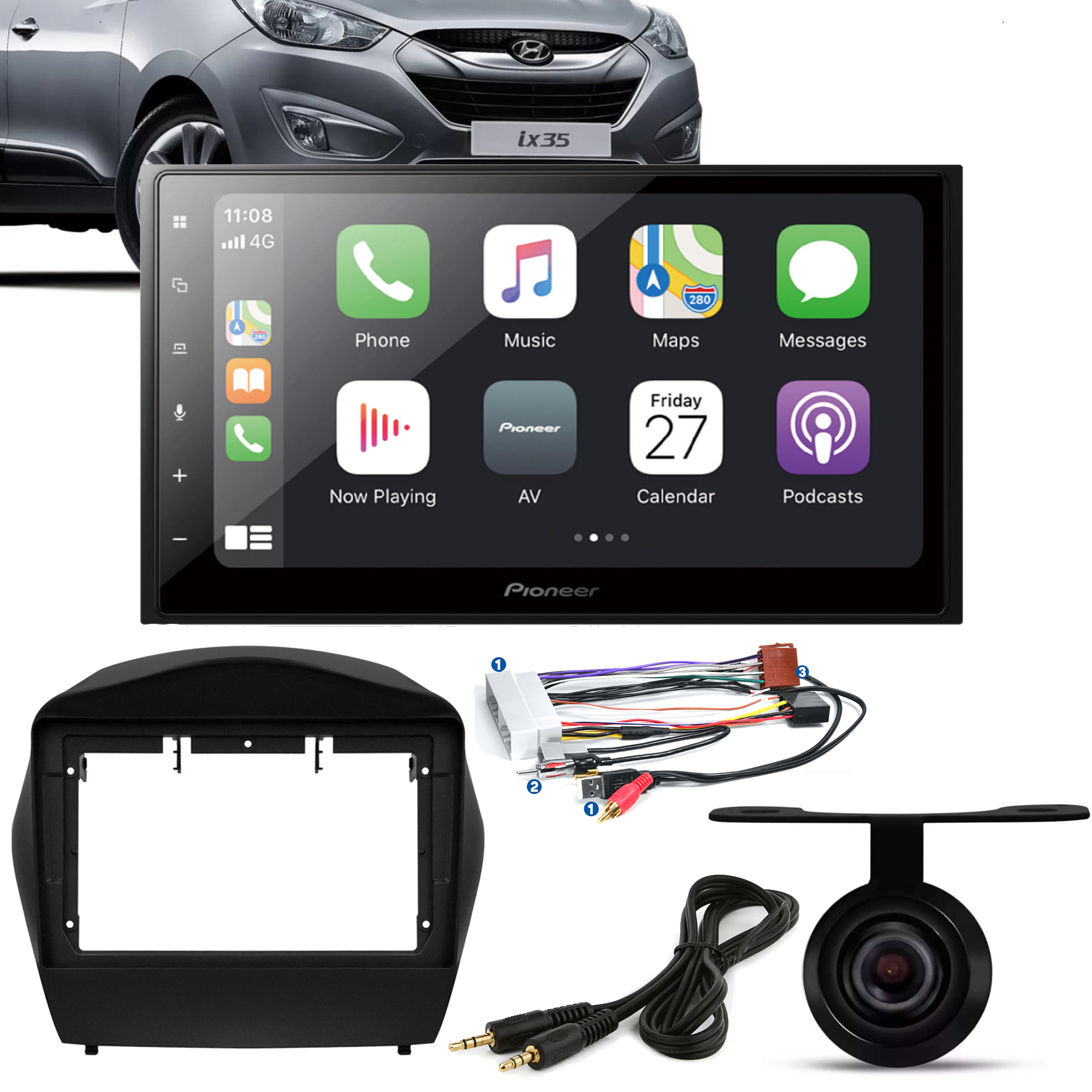 COMP Kit Multimídia Pioneer DMH-Z5380TV Hyundai IX 35 2010 a 2020 Câmera de ré e Chicotes
