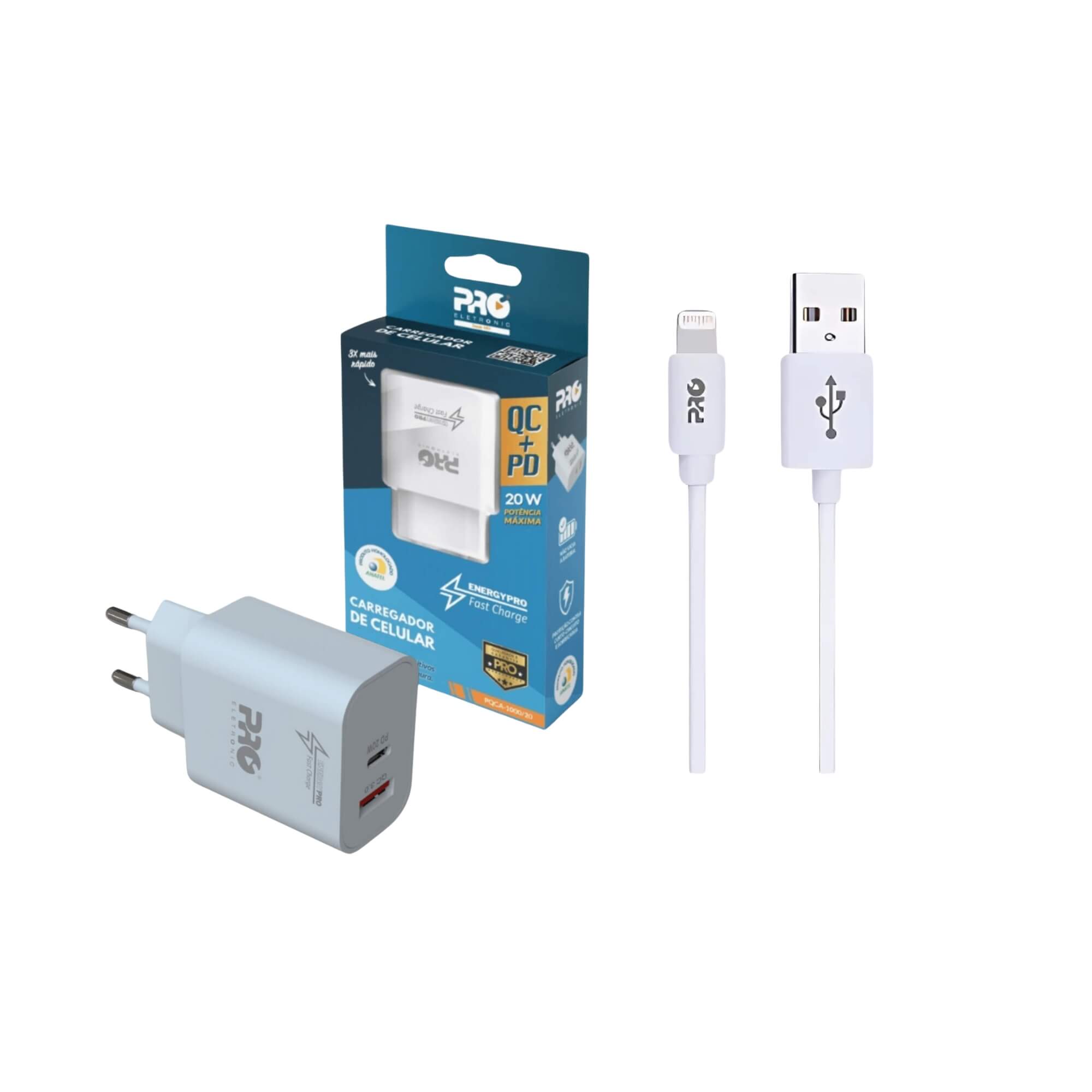 COMP Kit Carregador Universal Ultrarrápido QC+PD 20W + Cabo USB / Lightning 1 Metro Pro Eletronic