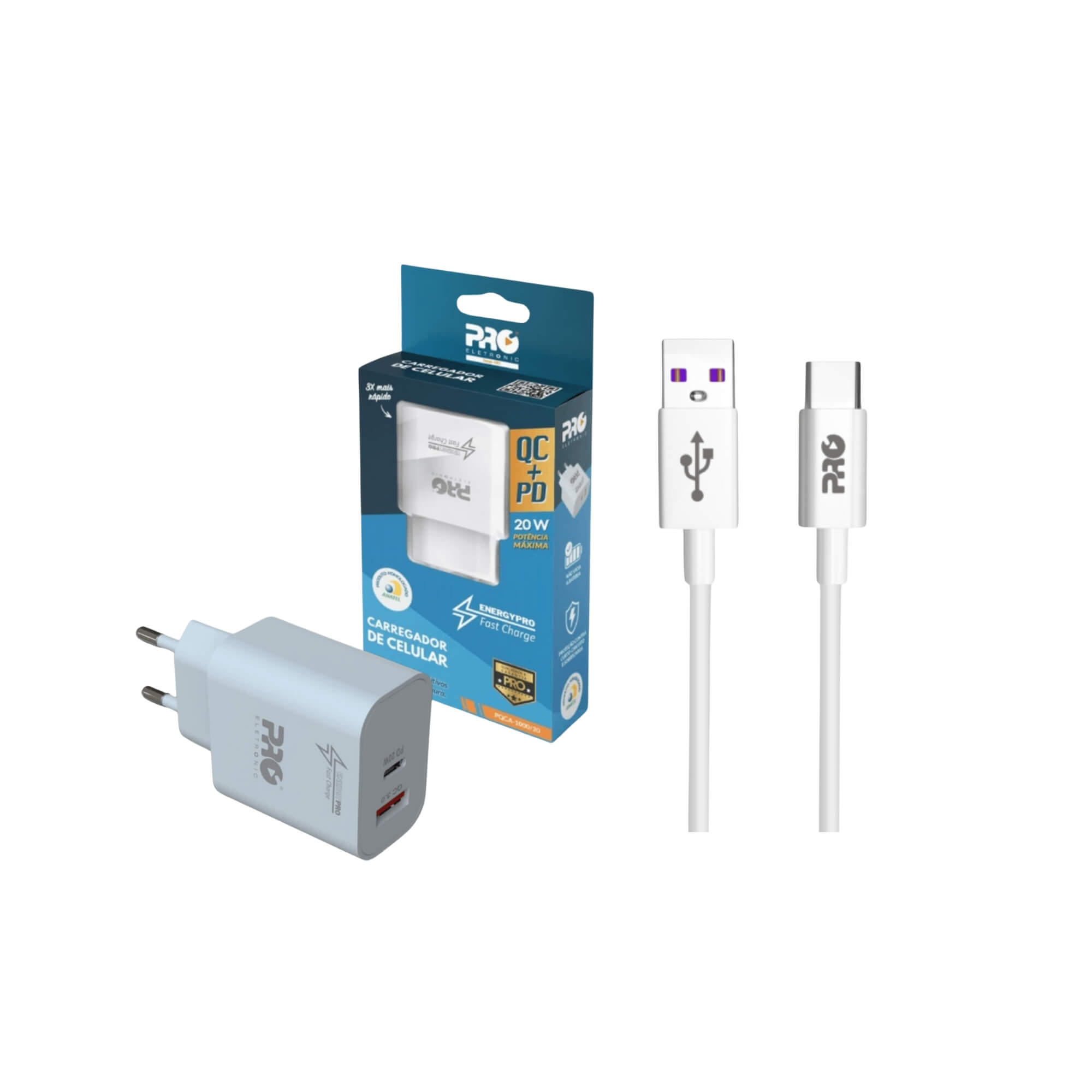 COMP Kit Carregador Universal Ultrarrápido QC+PD 20W + Cabo USB / USB tipo C 1 Metro Pro Eletronic