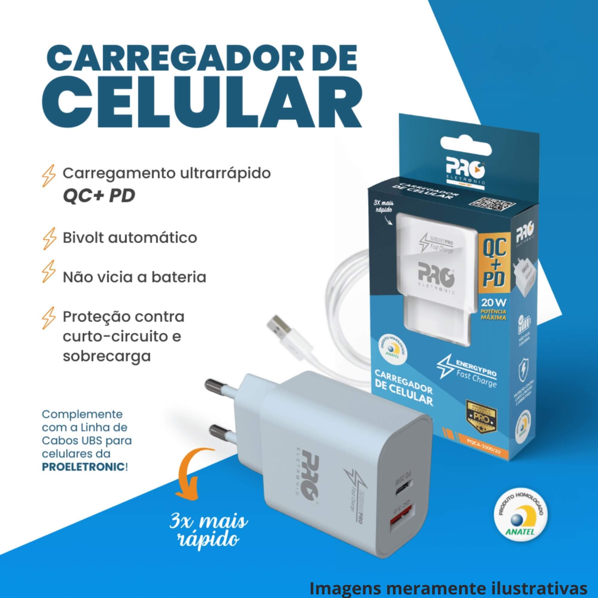 COMP Kit Carregador Universal Ultrarrápido QC+PD 20W + Cabo USB / USB tipo C 1 Metro Pro Eletronic