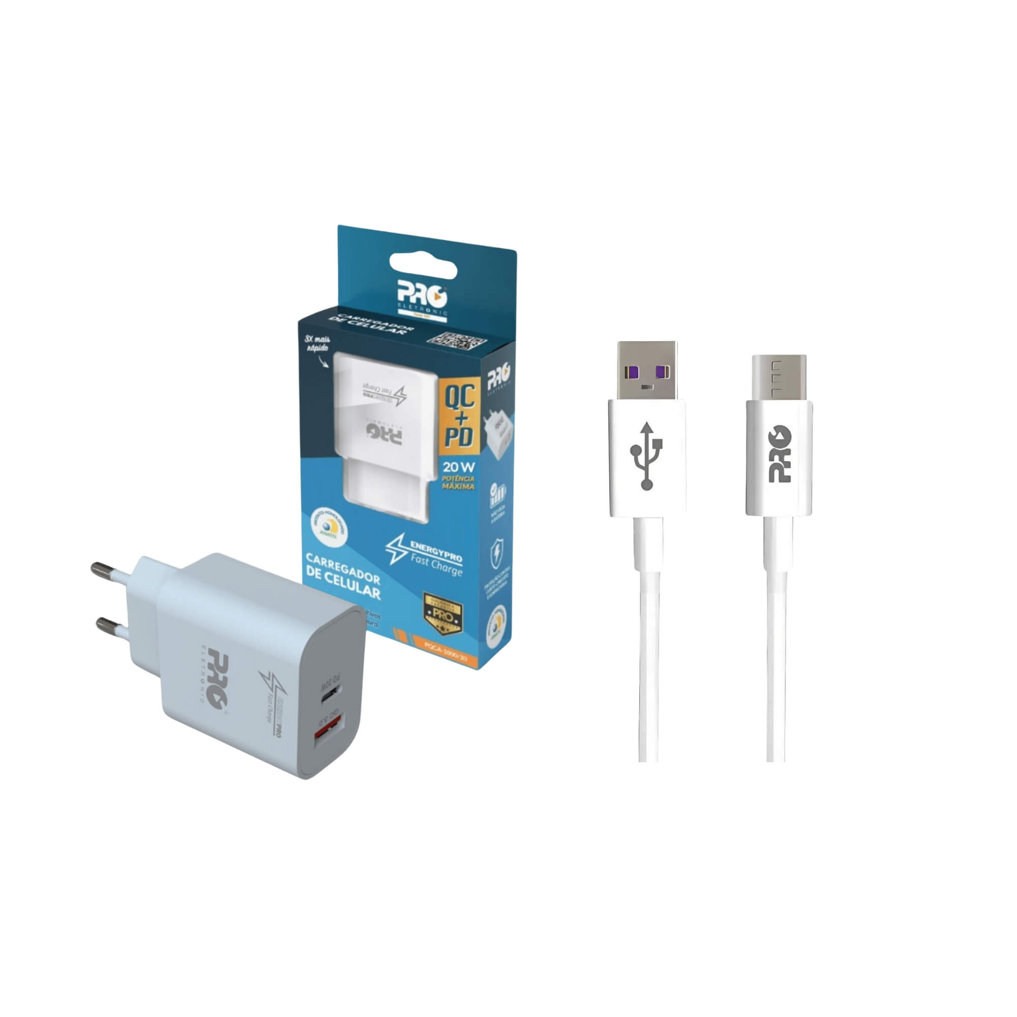 COMP Kit Carregador Universal Ultrarrápido QC+PD 20W + Cabo USB / Micro USB 1 Metro Pro Eletronic