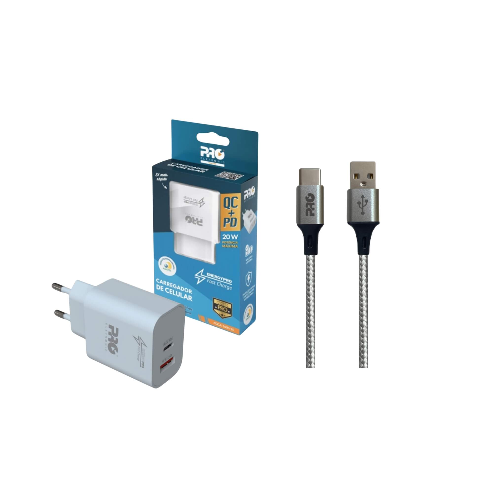 COMP Kit Carregador Universal Ultrarrápido QC+PD 20W + Cabo USB-A + USB-C 1.5 Metros Pro Eletronic