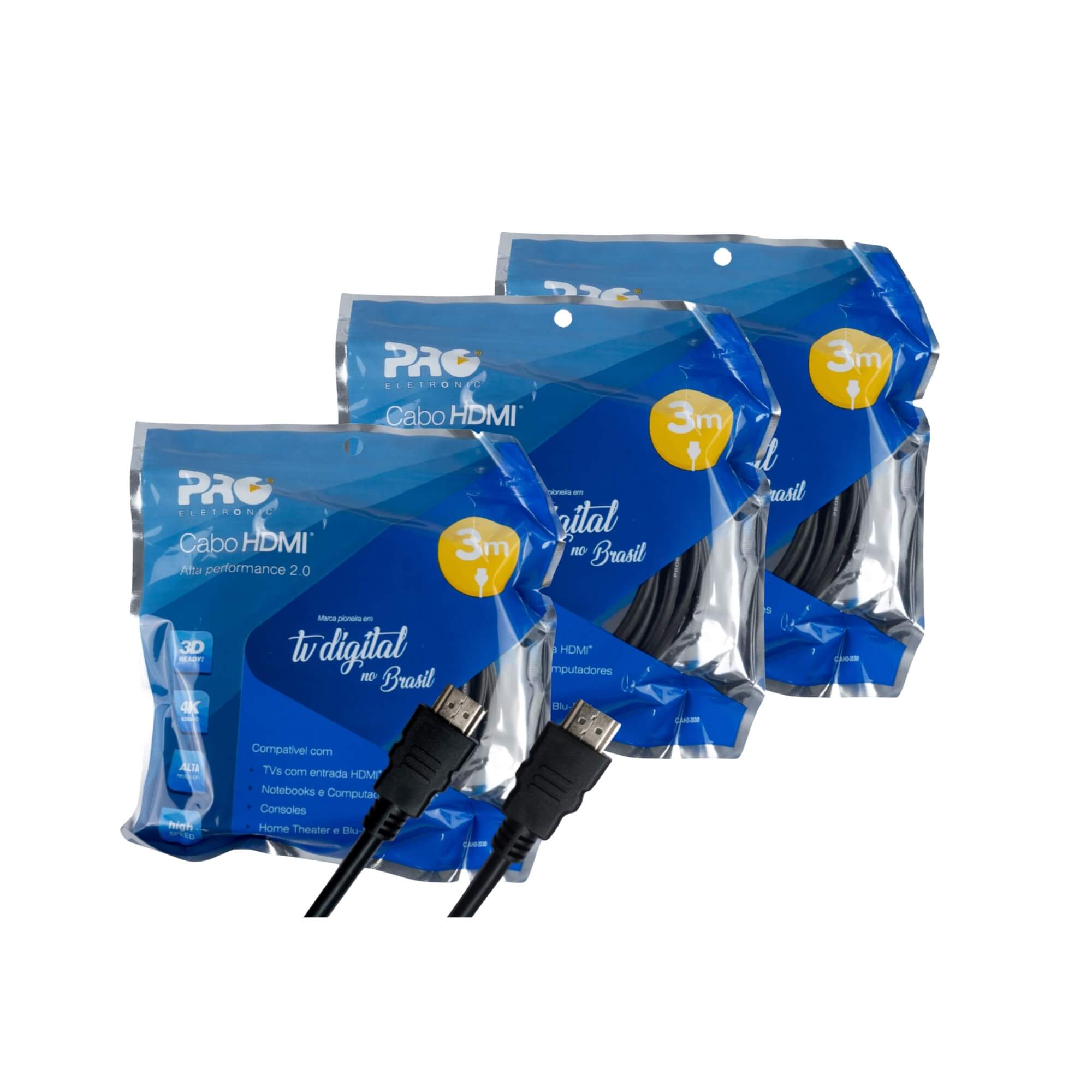COMP Kit c/ 3 Cabos HDMI 2.0 4K UltraHD 3M Pro Eletronic - CAHD-2030