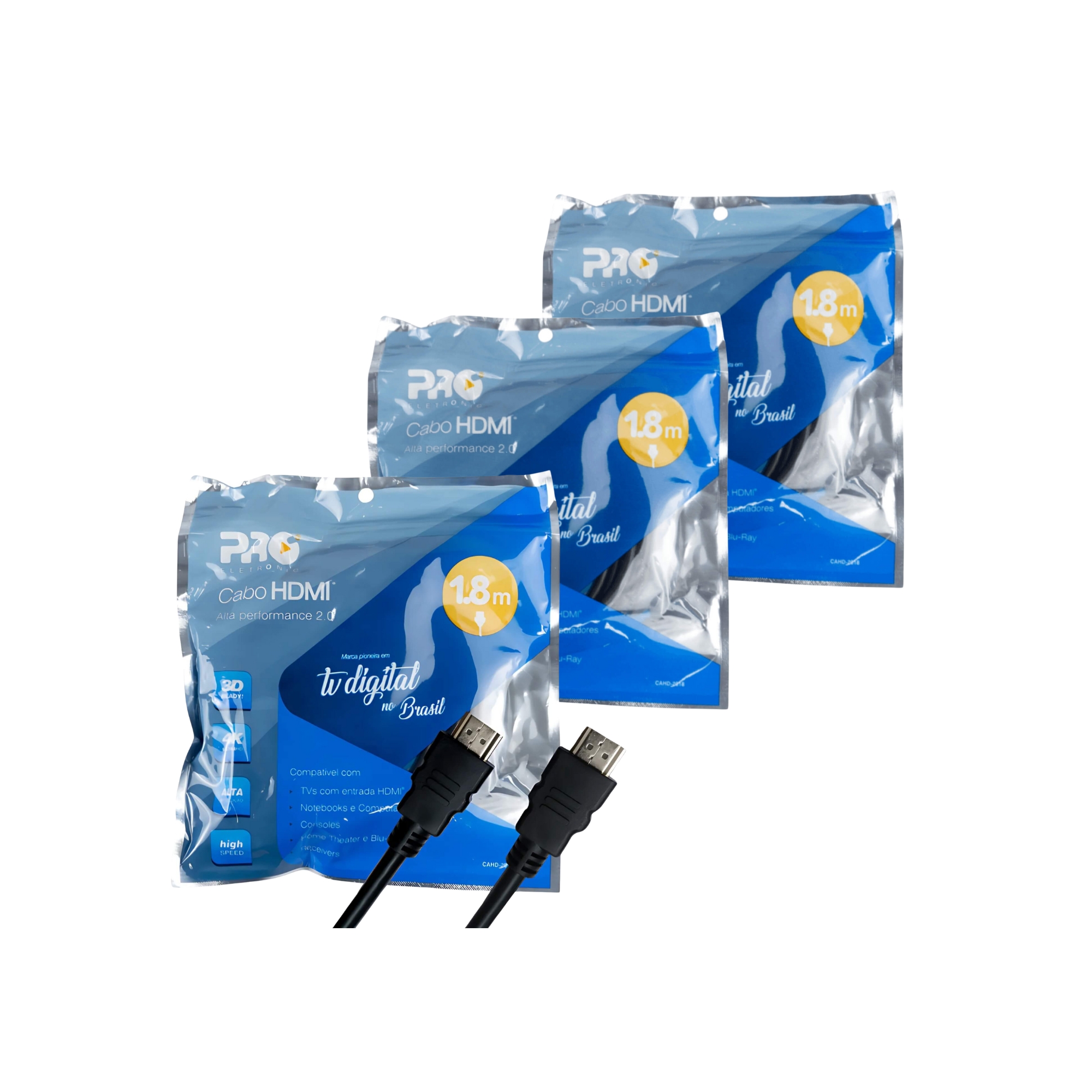 COMP Kit c/ 3 Cabos HDMI 4K UltraHD 3D Versão 2.0 1.8m Pro Eletronic - CAHD-2018