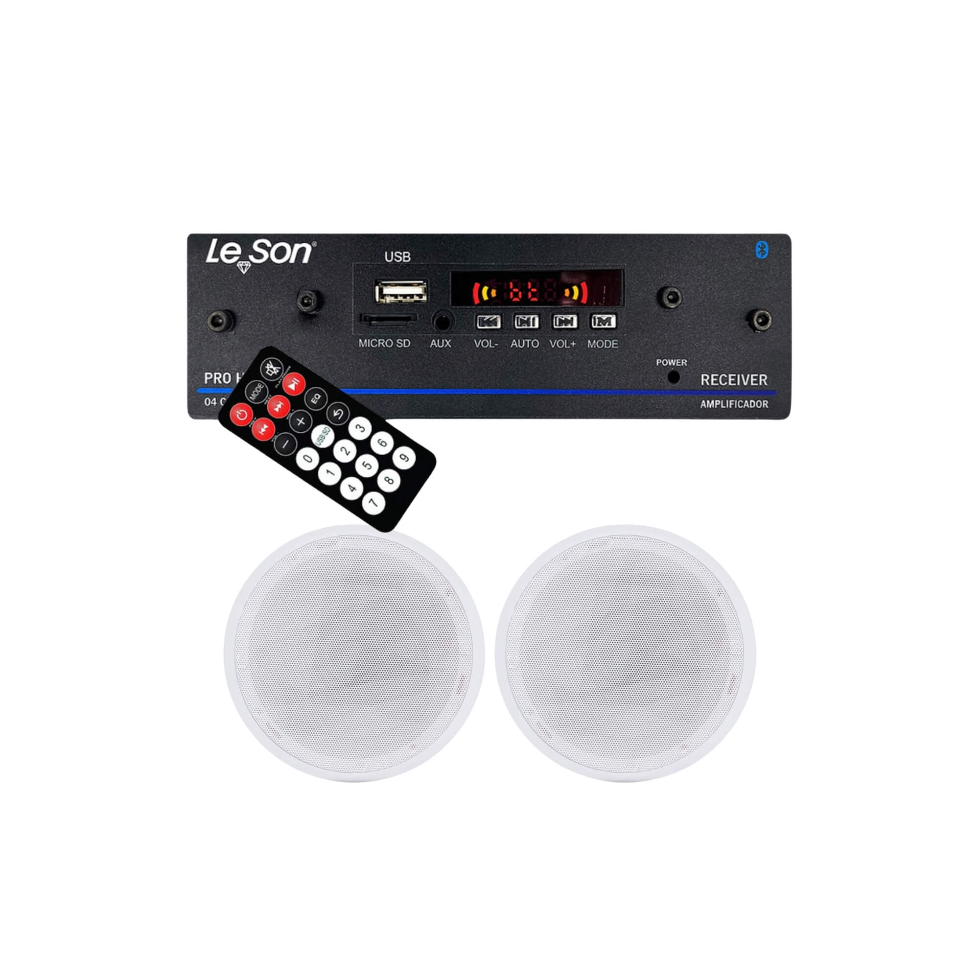 COMP Kit Amplificador Receiver 120w USB Aux 4ch + Par de Arandelas Redondas Branca 110W Rms 6" Leson