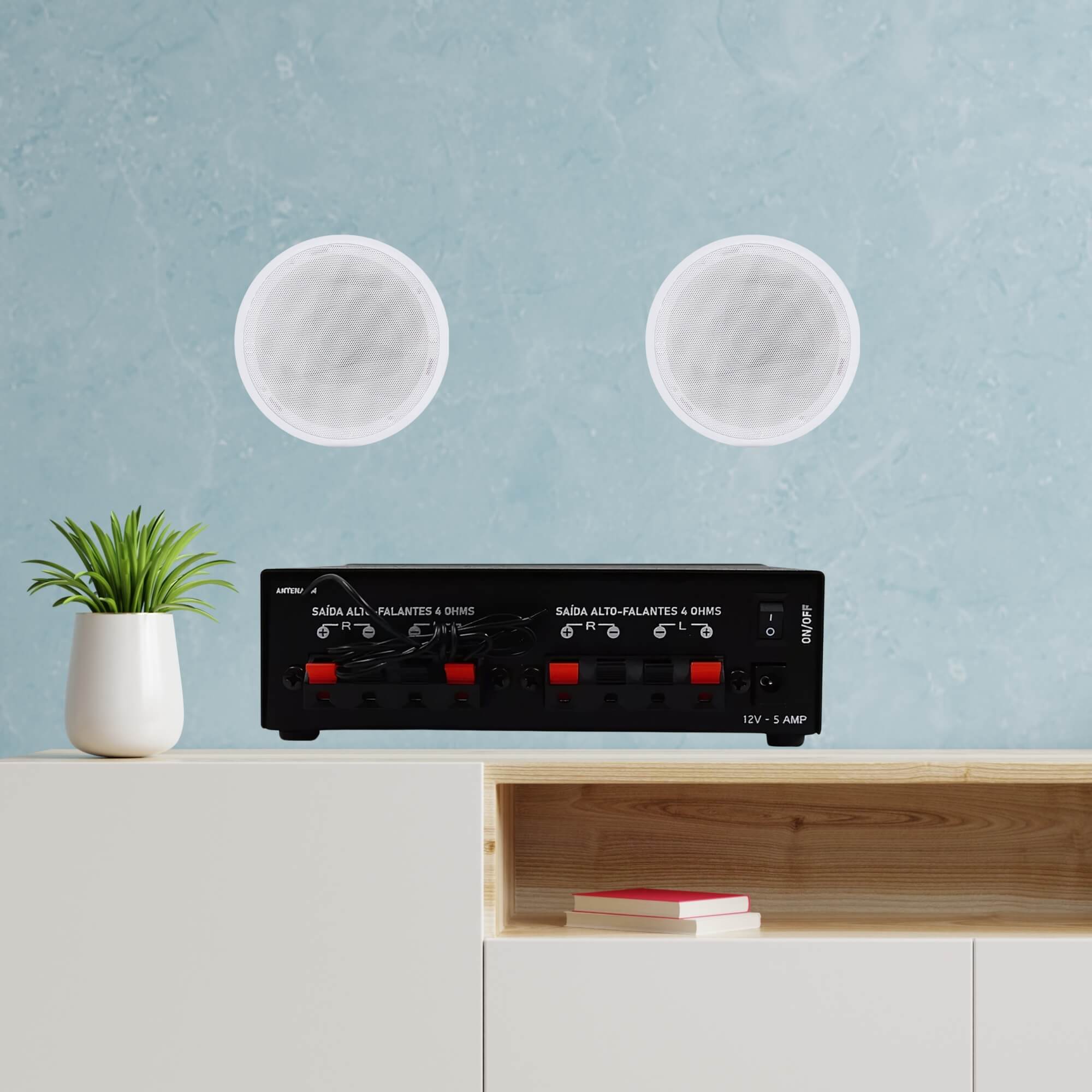 COMP Kit Amplificador Receiver 120w USB Aux 4ch + Par de Arandelas Redondas Branca 110W Rms 6" Leson
