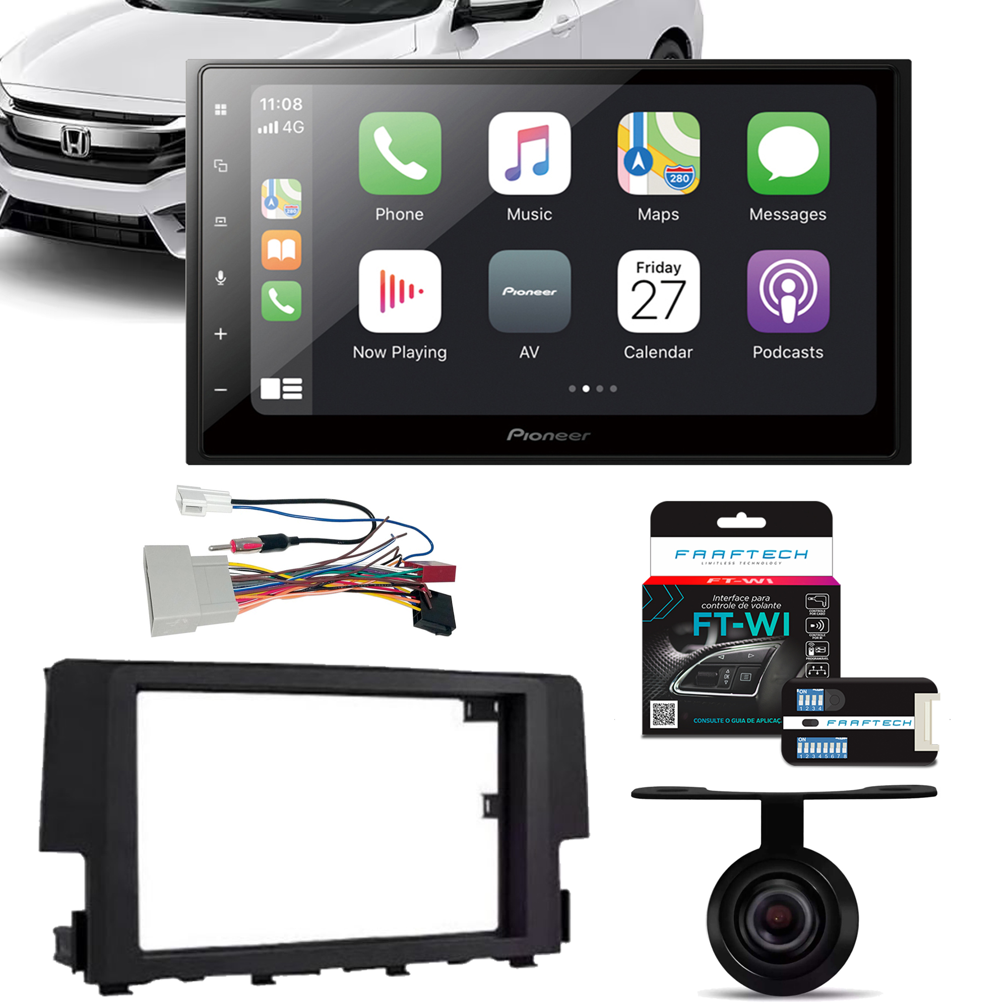 COMP Kit Central Multimídia 2 Din DMH-Z5380TV 6.8 pol Civic 2017 a 2021 + Camera de Ré + Moldura + Interface + Chicotes