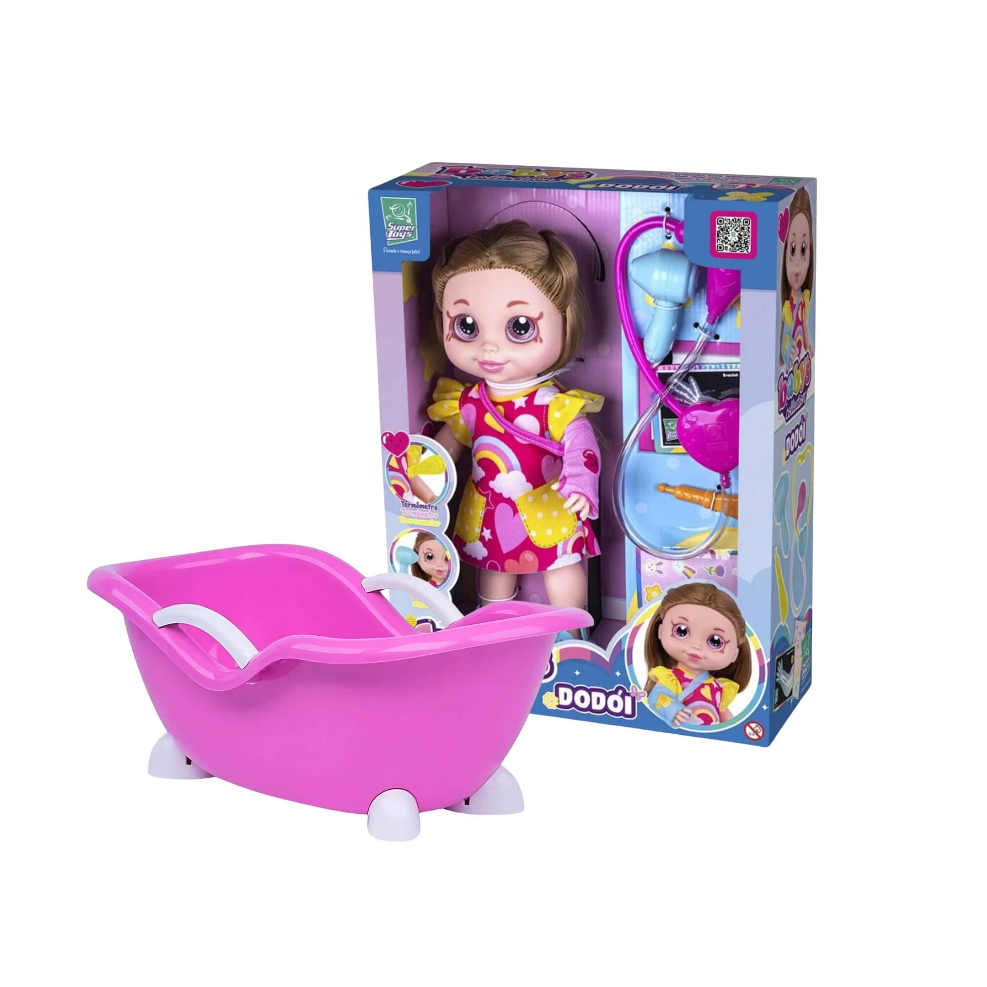 COMP Kit Boneca Babys Dodói c/ Acessórios de Médico + Banheira Nenequinha Hora do Banho - Super Toys