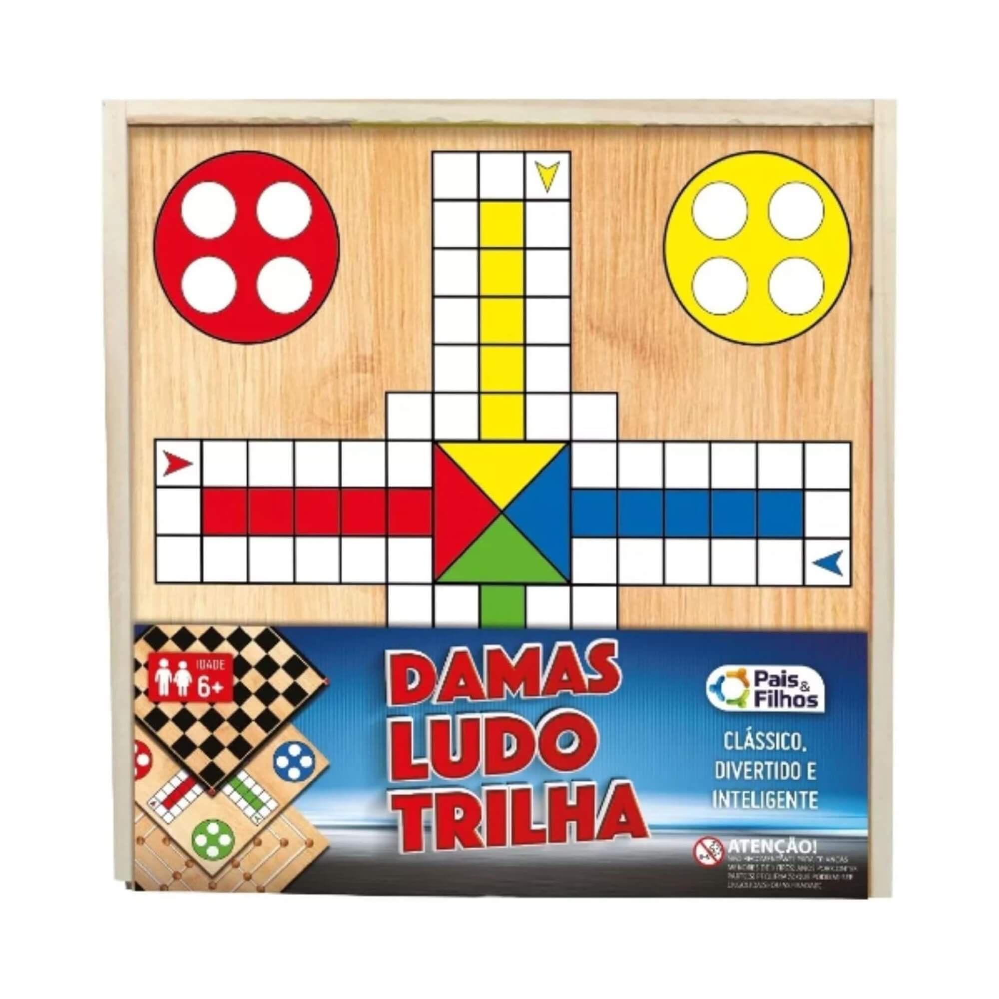 Jogo de Damas, Ludo e Trilha 3 em 1 com Caixa de Madeira Pais e Filhos - 2212-1