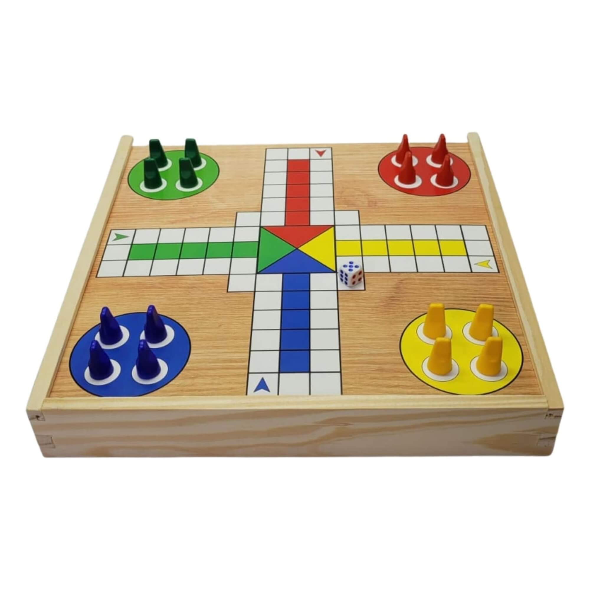 Jogo de Damas, Ludo e Trilha 3 em 1 com Caixa de Madeira Pais e Filhos - 2212-1