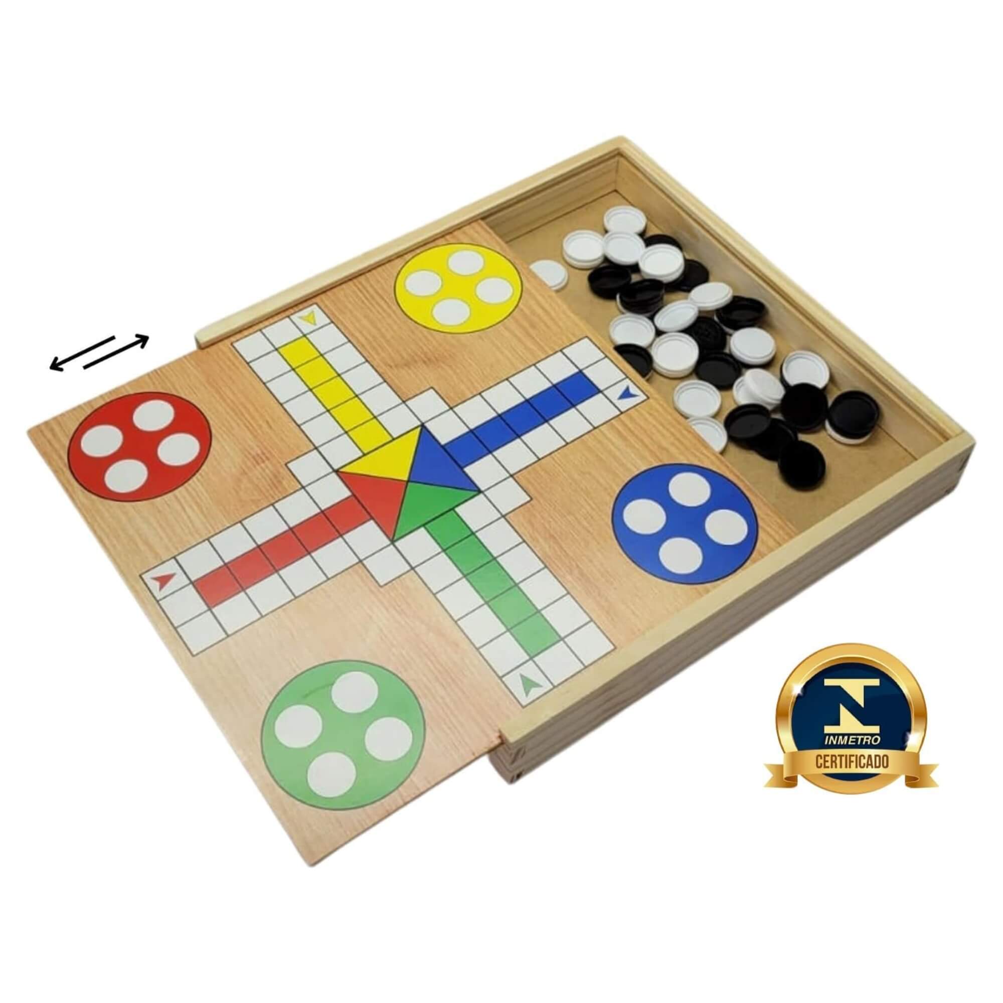 Jogo de Damas, Ludo e Trilha 3 em 1 com Caixa de Madeira Pais e Filhos - 2212-1