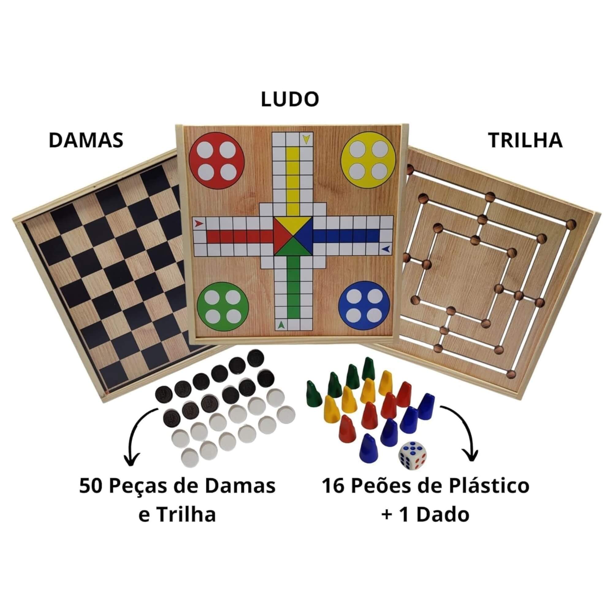 Jogo de Damas, Ludo e Trilha 3 em 1 com Caixa de Madeira Pais e Filhos - 2212-1