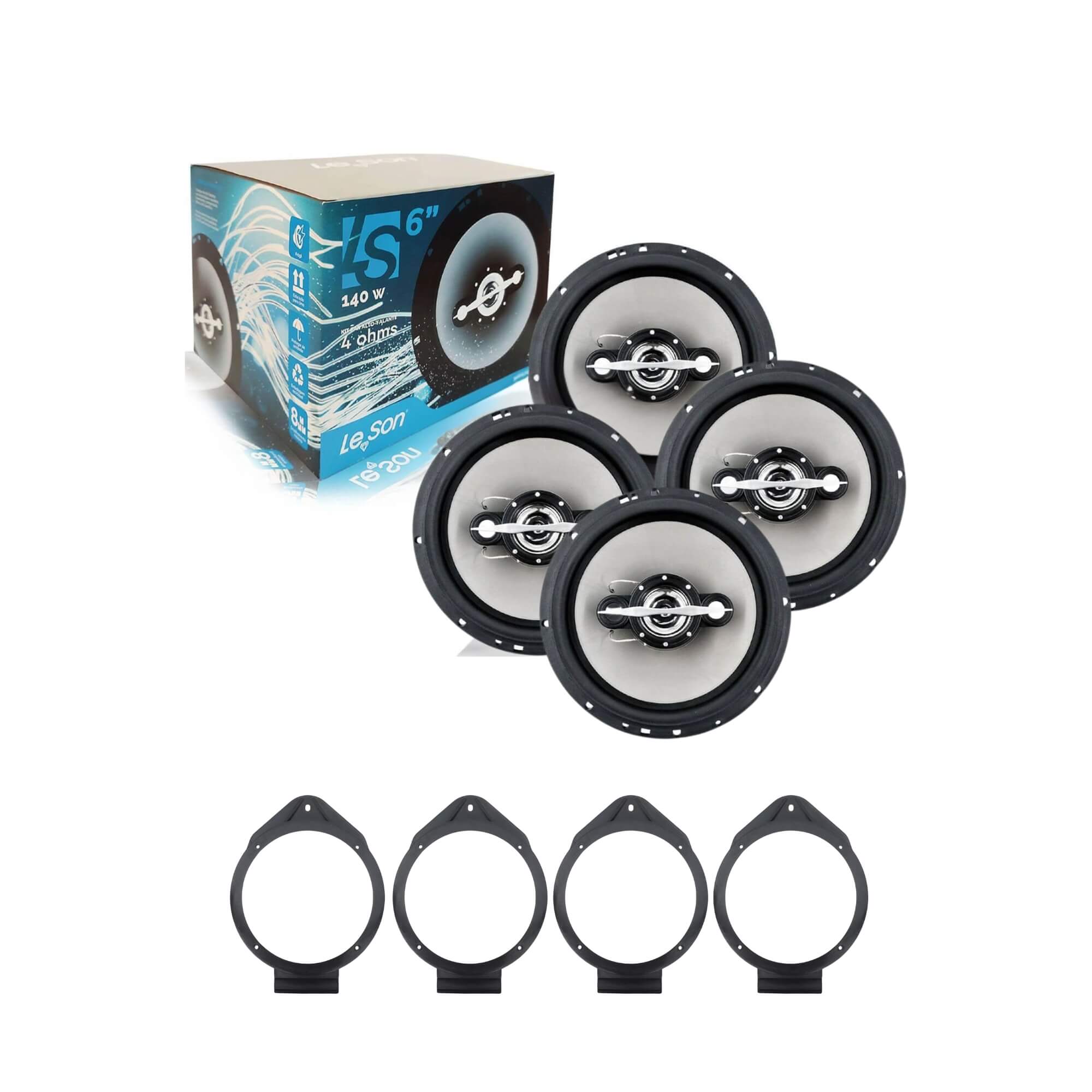 COMP Kit Cobalt / Onix / Spin / Prisma GM 4 Alto Falantes 6" Quadriaxial 280W total + 4 Aros