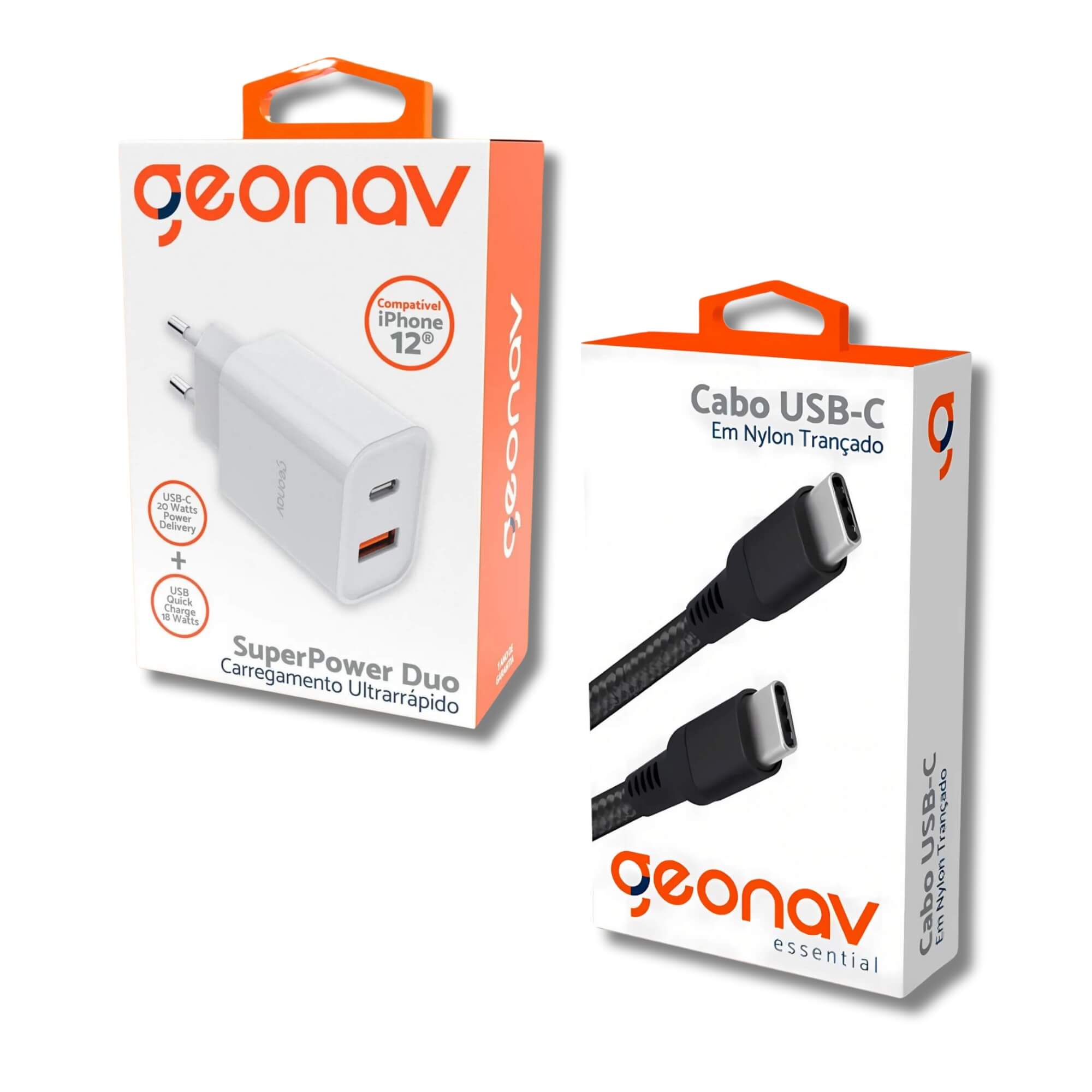 COMP Kit Carregador Turbo 20W Duo USB USB-C + Cabo USB-C p/ USB-C 1,2m 100W Geonav