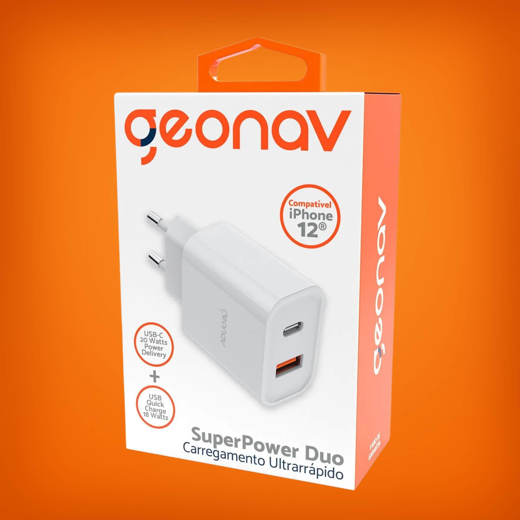 COMP Kit Carregador Turbo 20W Duo USB USB-C + Cabo USB-C p/ USB-C 1,2m 100W Geonav