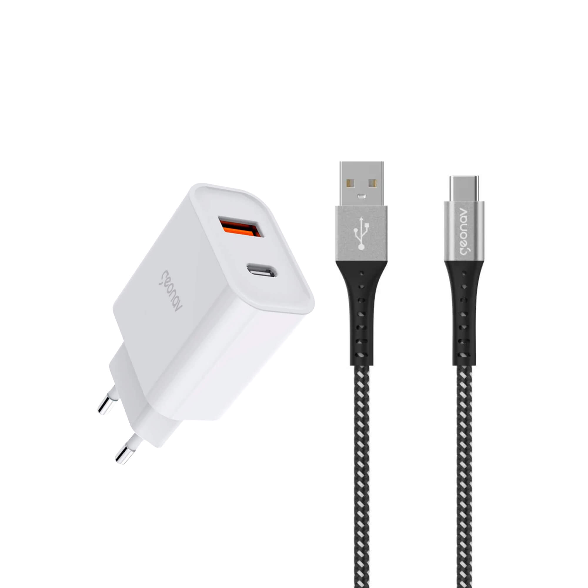 COMP Carregador Turbo 20W Duo USB USB-C QC 3.0 + Cabo USB-C p/ USB-A Nylon 1.20m Geonav
