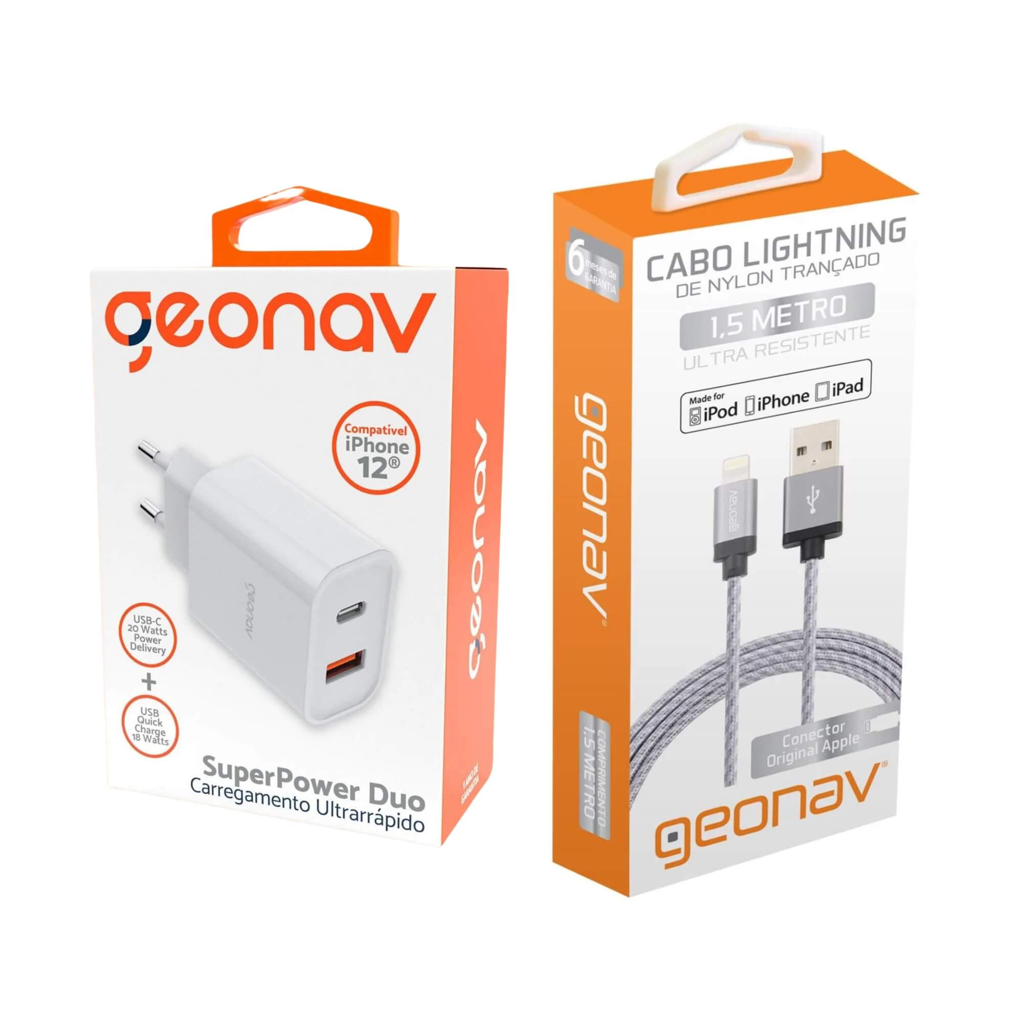 COMP Carregador Turbo 20W Duo USB USB-C QC 3.0 + Cabo Lightning MFi 1,5m p/ iPhone e iPad Geonav