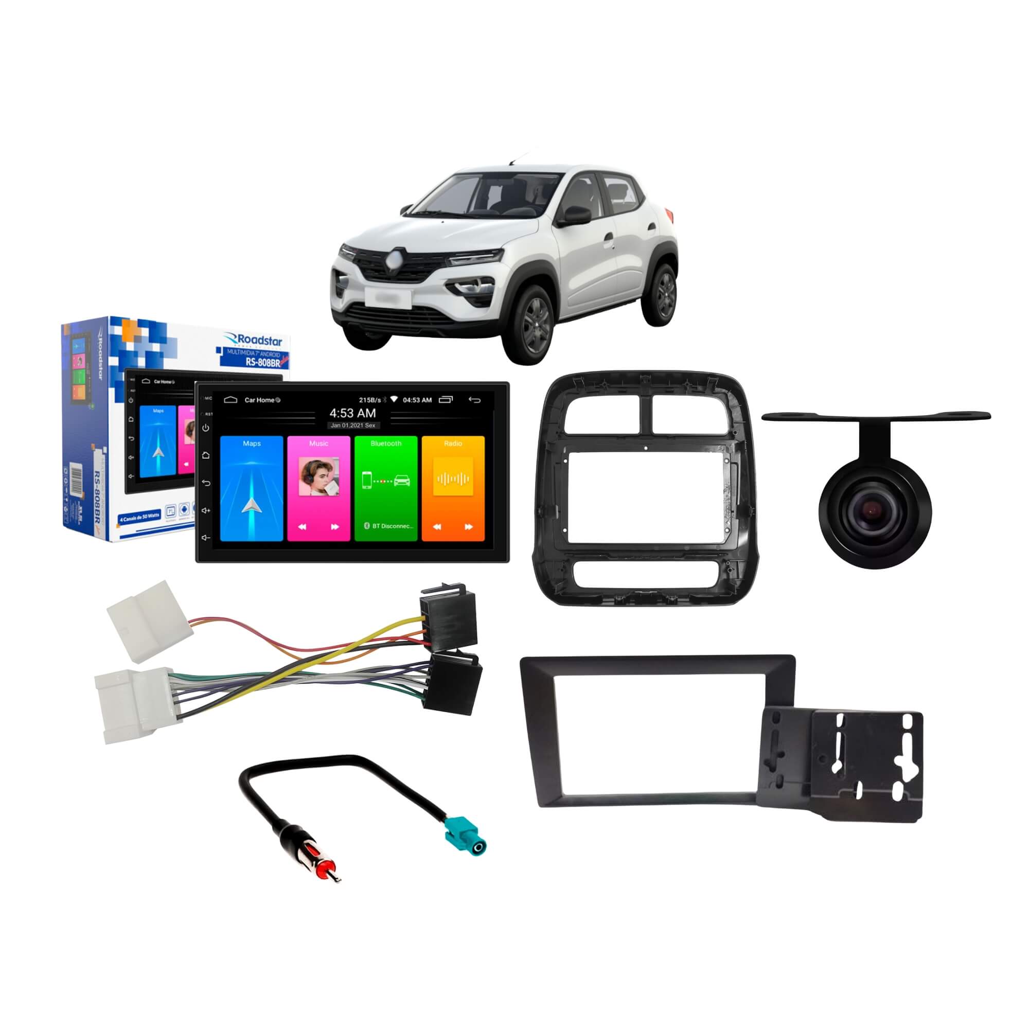 COMP Kit Kwid 22/2024 Central Multimídia MP5 Android 10.1 7" + Chicotes + Molduras + Câmera de Ré