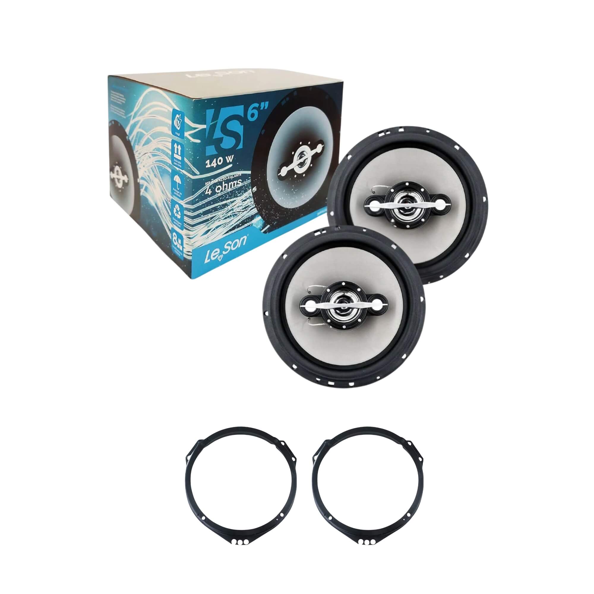 COMP Kit Gol G2 / G4 Par de Alto Falantes 6" 70W RMS Cada + 2 Aros Adaptadores Dianteiros