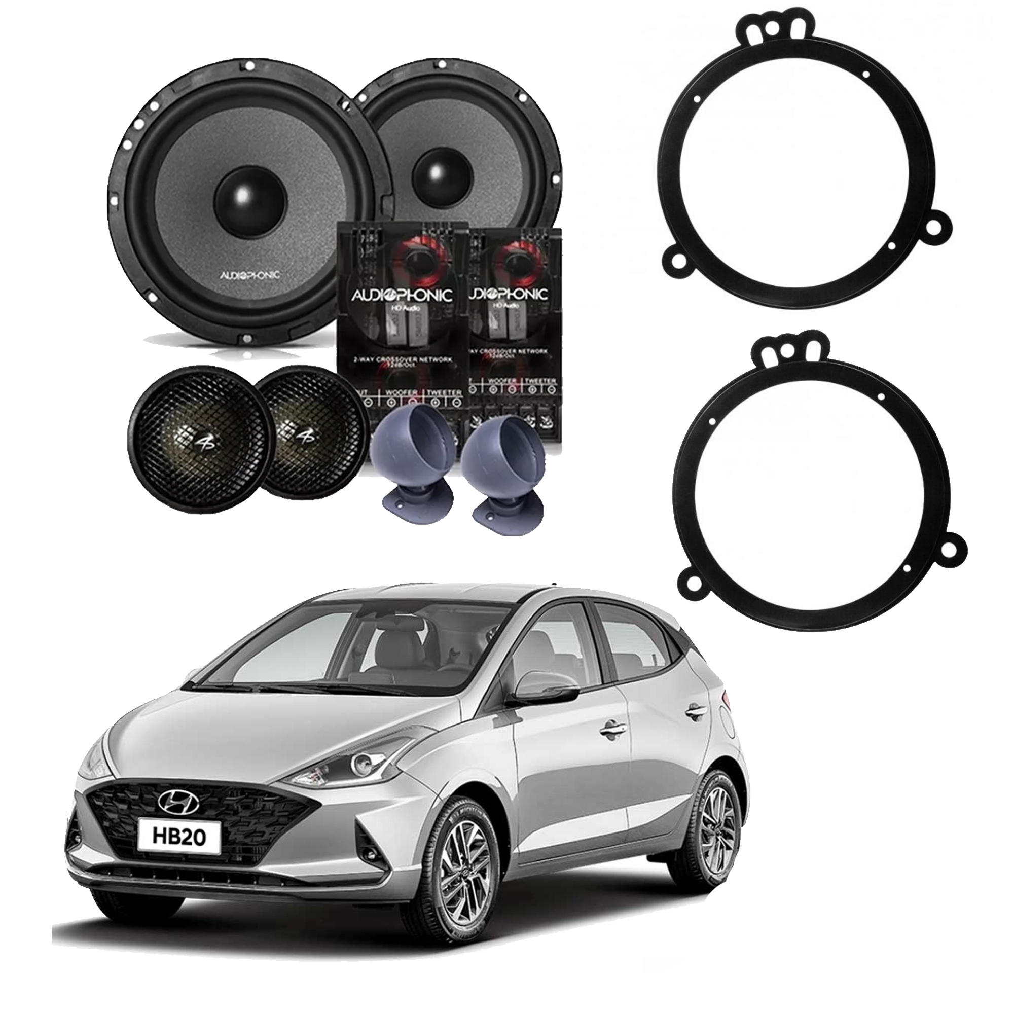 COMP Kit Som HB20 Dianteiro Alto Falante 6,5"  Audiophonic KC 6.3 + CB 650 Alta Qualidade + Aro Adaptador