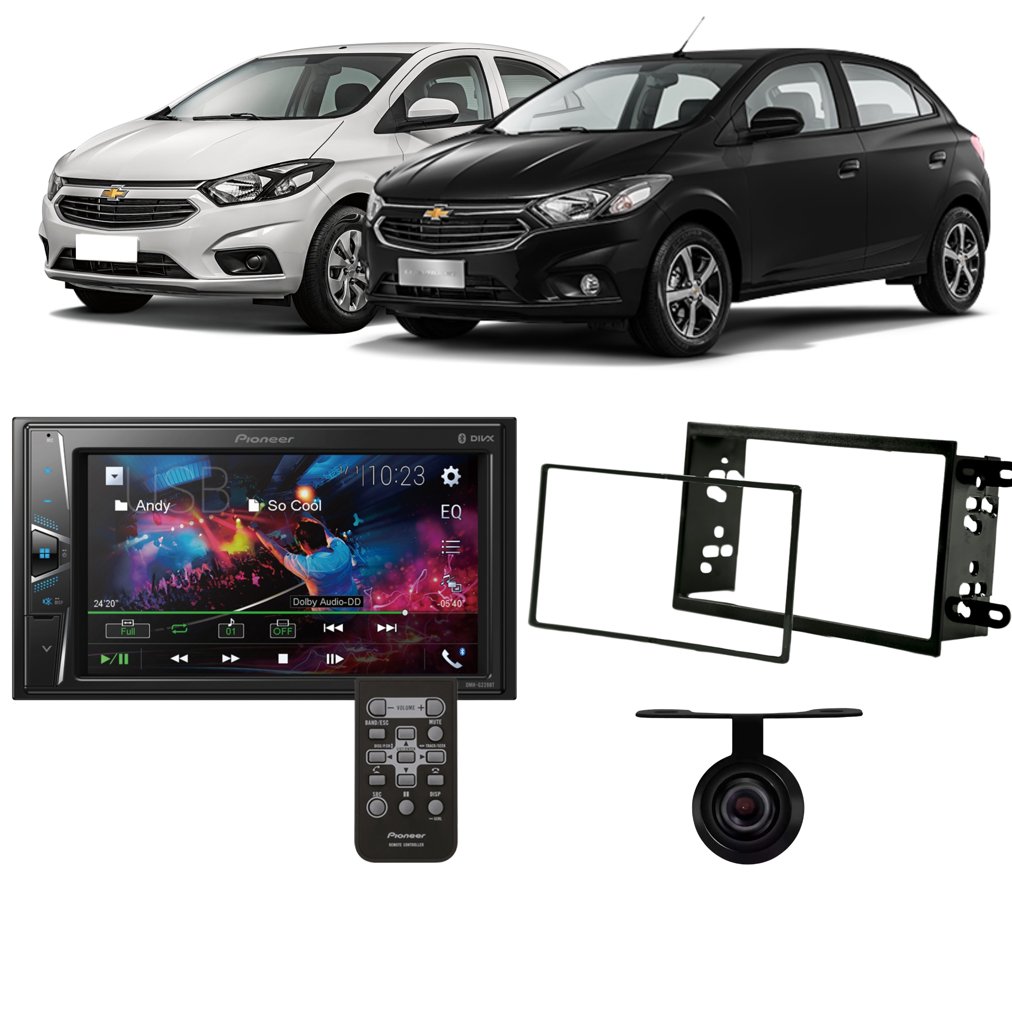 COMP Kit Multimídia 2 Din Pioneer DMH-G228BT+ Câmera Ré + Moldura Onix/Spin/Cobalt 2012 em diante JP CH Preta EPX 101