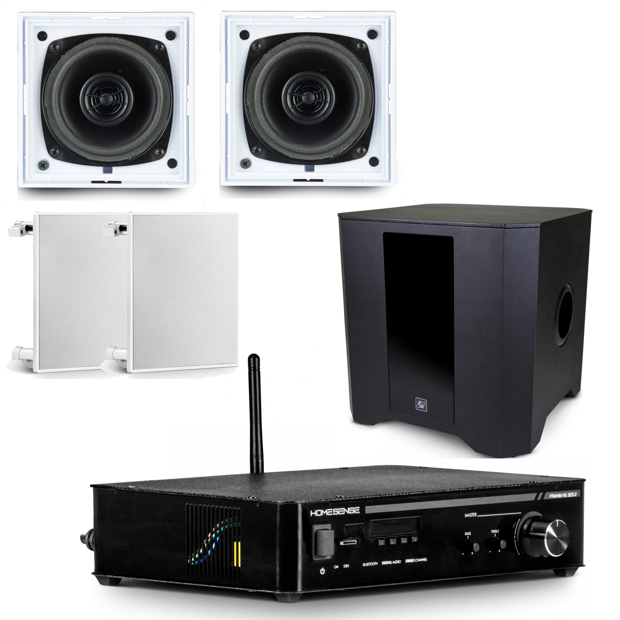 COMP  Kit Amplificador Home Sense HS320.2 + 4 Arandelas Embutir + 1 Sub Ativo Frahm