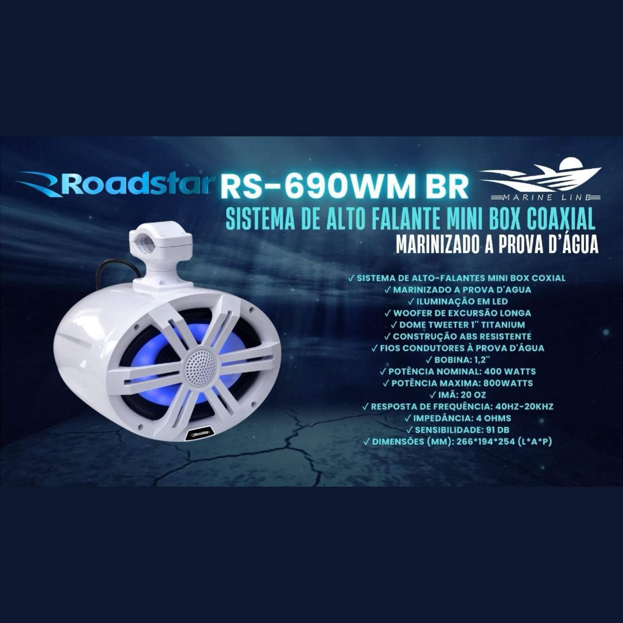 Par Alto-Falantes marinizado Wakeboard 6x9 RGB 400W Resistente à Água Roadstar - RS690WMBR MI