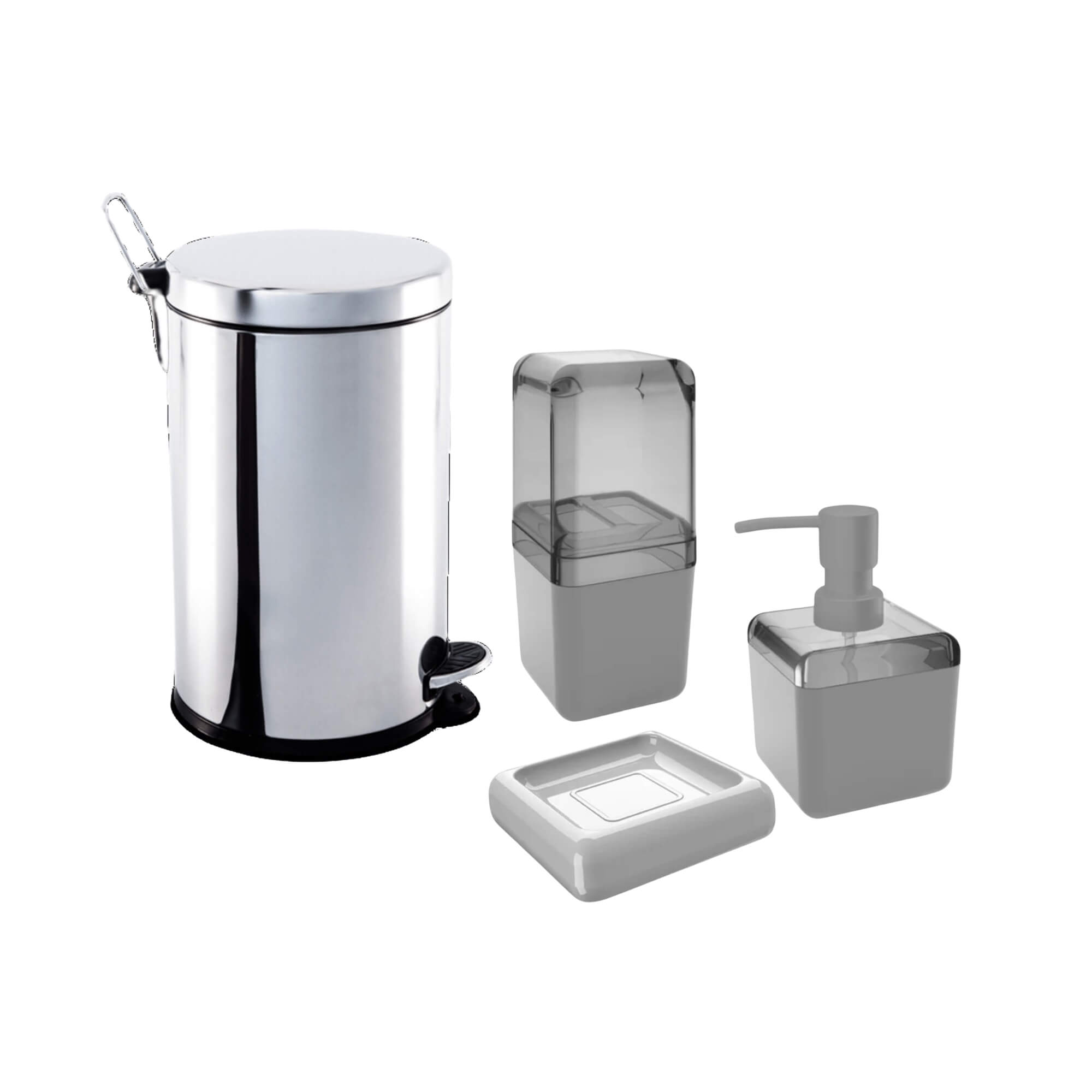 COMP Kit de Acessórios p/ Banheiro Lixeira Inox c/ Pedal e Balde 12L + 3 Peças Cube Cinza Brinox